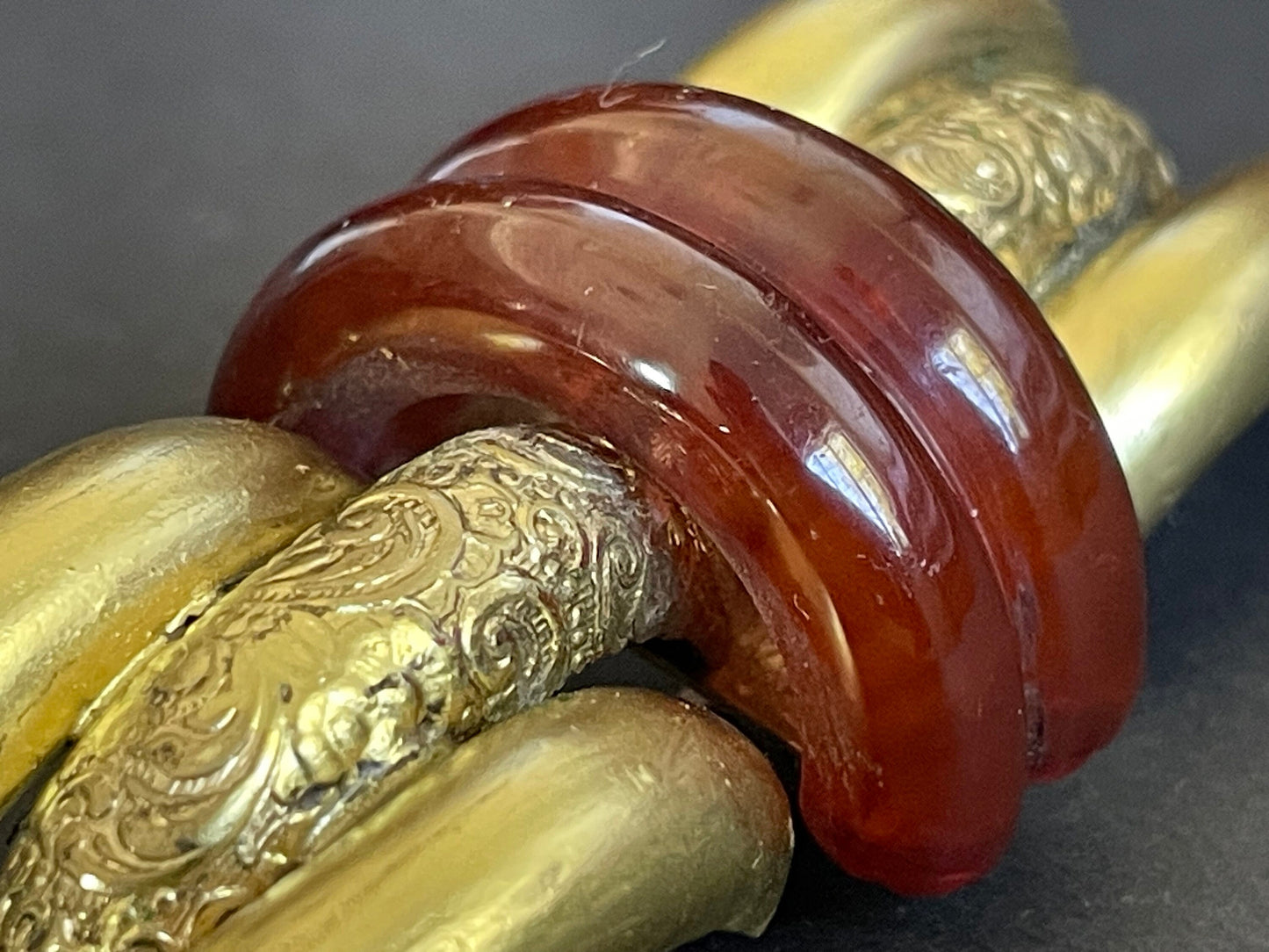 Large vintage rootbeer Bakelite (verified) and gold tone pinchbeck ? Art Deco machine age geometric brooch, classic 1930s design
