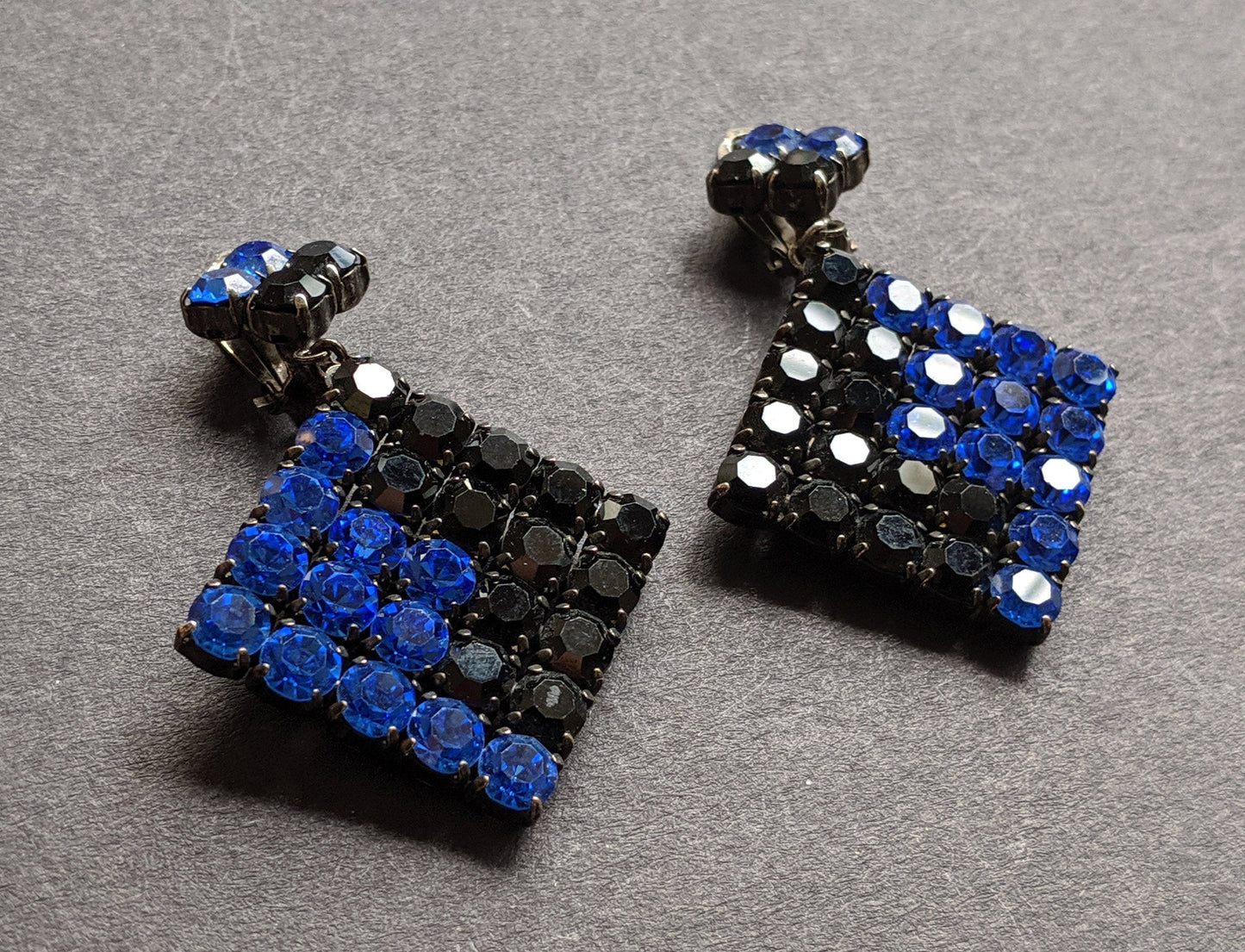 Vintage huge Butler and Wilson 1980s signed B&W electric blue and black rhinestone and darkened silver tone statement clip on earrings