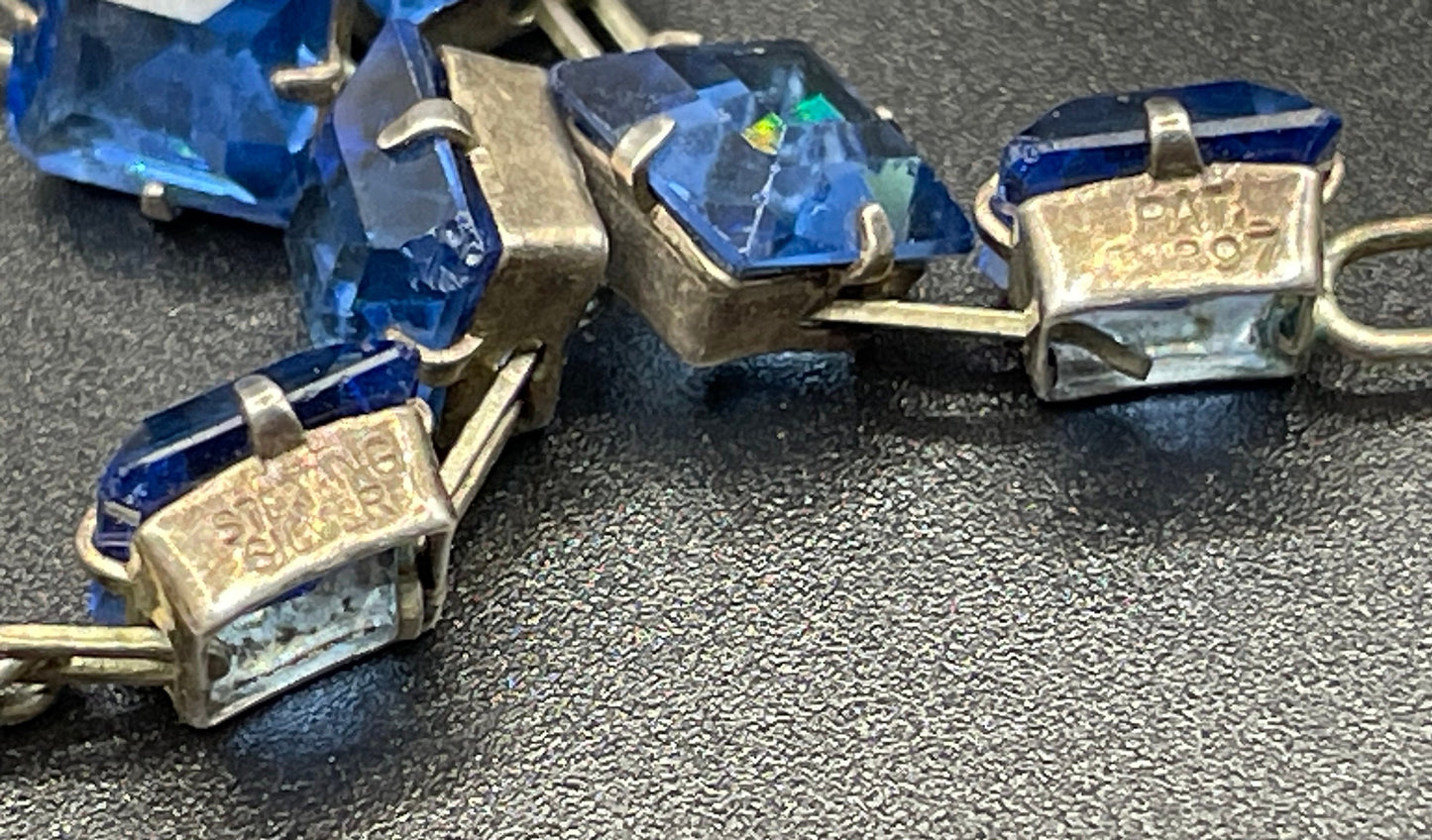 Vintage Sterling silver Art Deco bezel set sapphire blue crystal riviere necklace, open-backed princess cut (square) rhinestones, hallmarked, by W H Collins