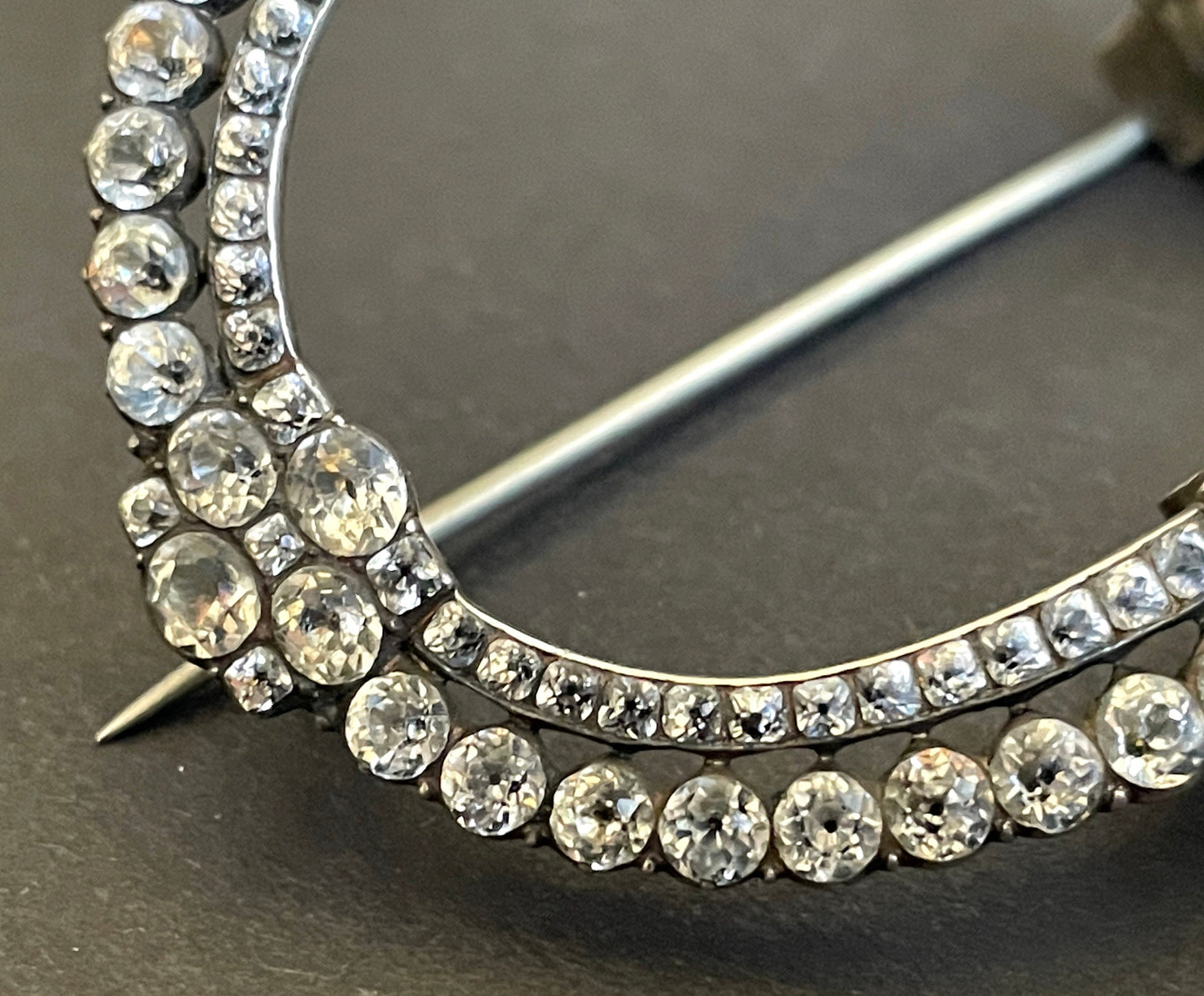 Large antique Georgian sterling silver, black dot clear paste rhinestone huge buckle brooch pin