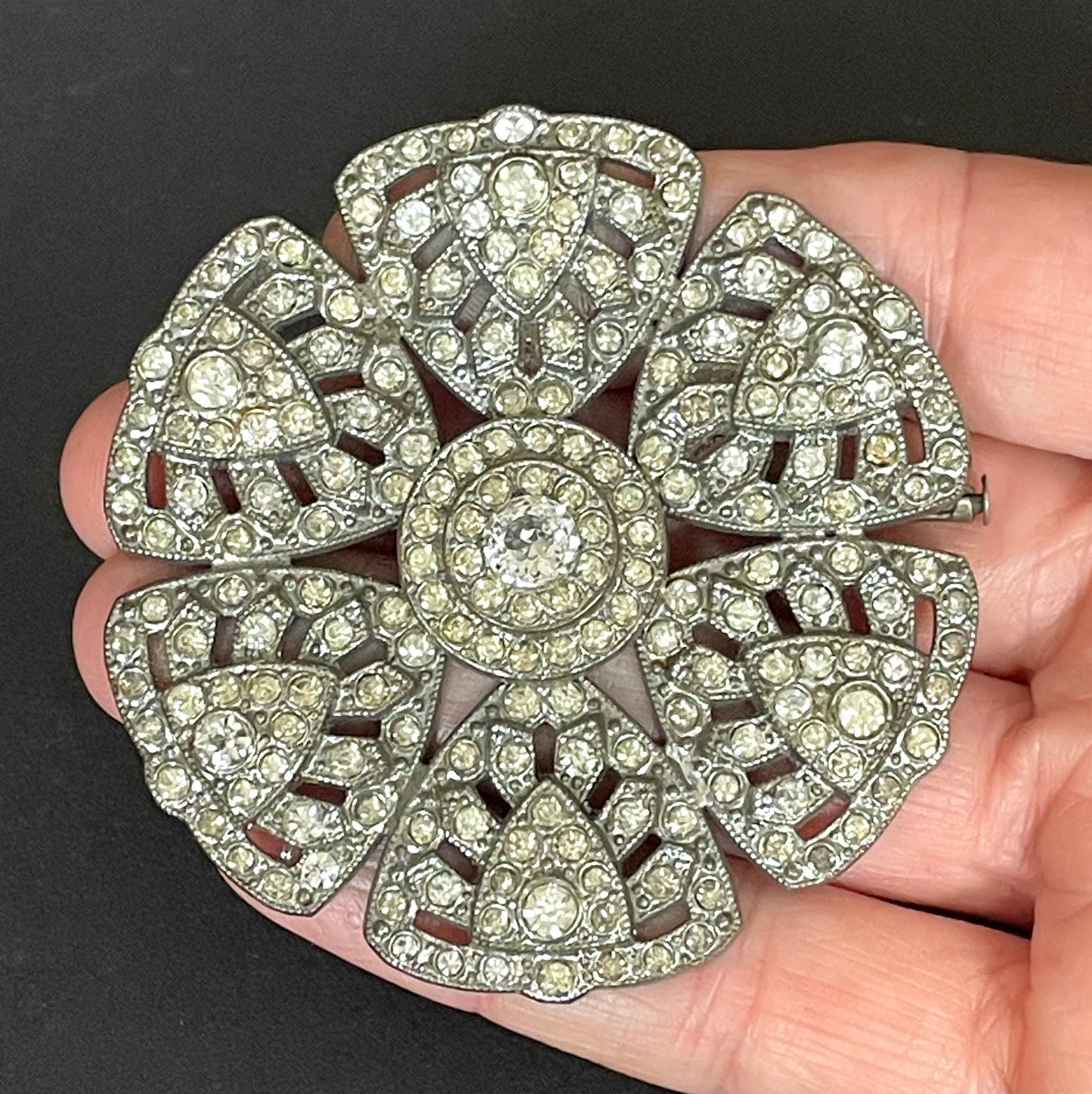 Huge vintage Art Deco paste flower brooch, with ice clear rhinestones and trombone clasp possibly French, large size