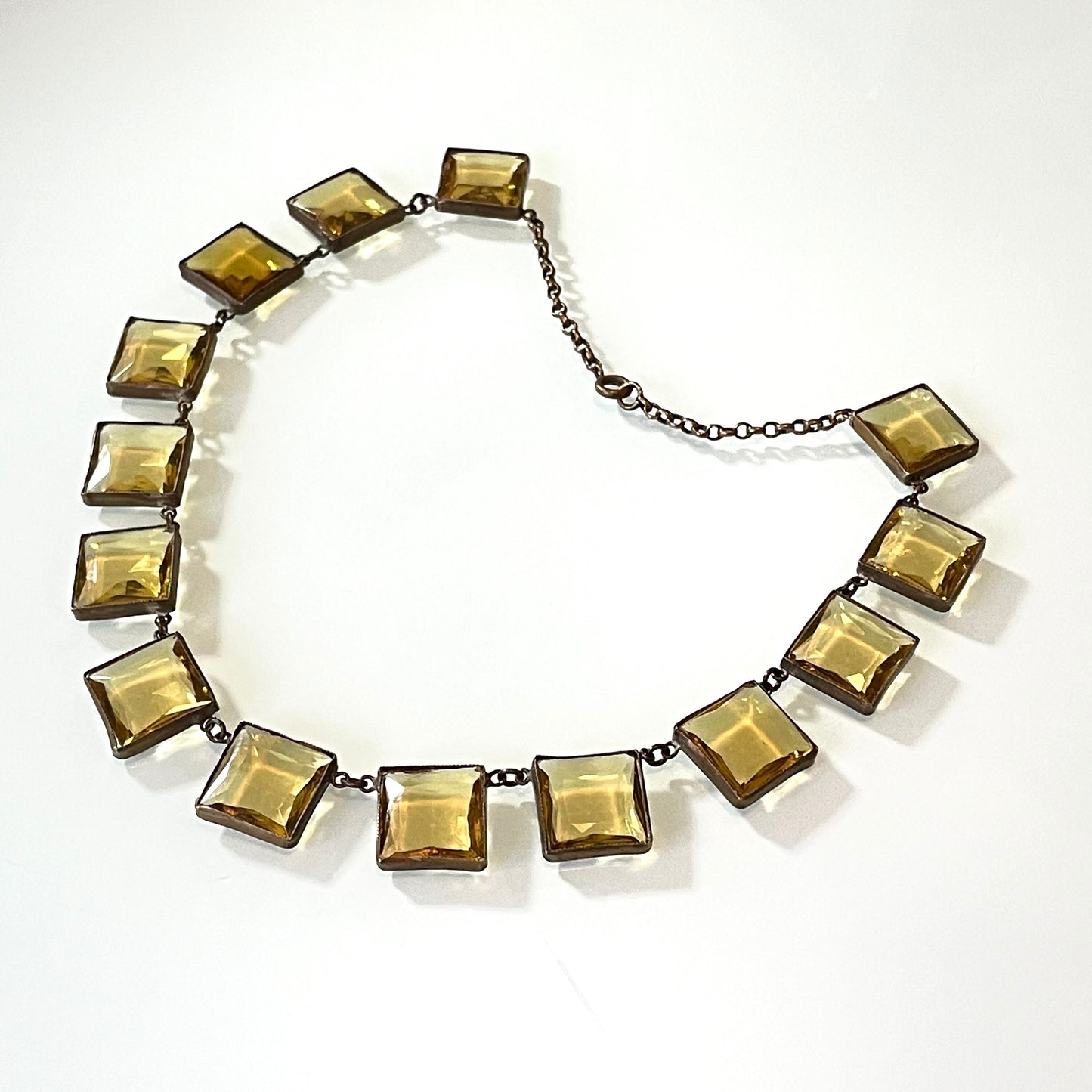 Antique late 19th century citrine yellow / orange crystal glass riviere necklace, huge bezel set open backed princess cut square rhinestones