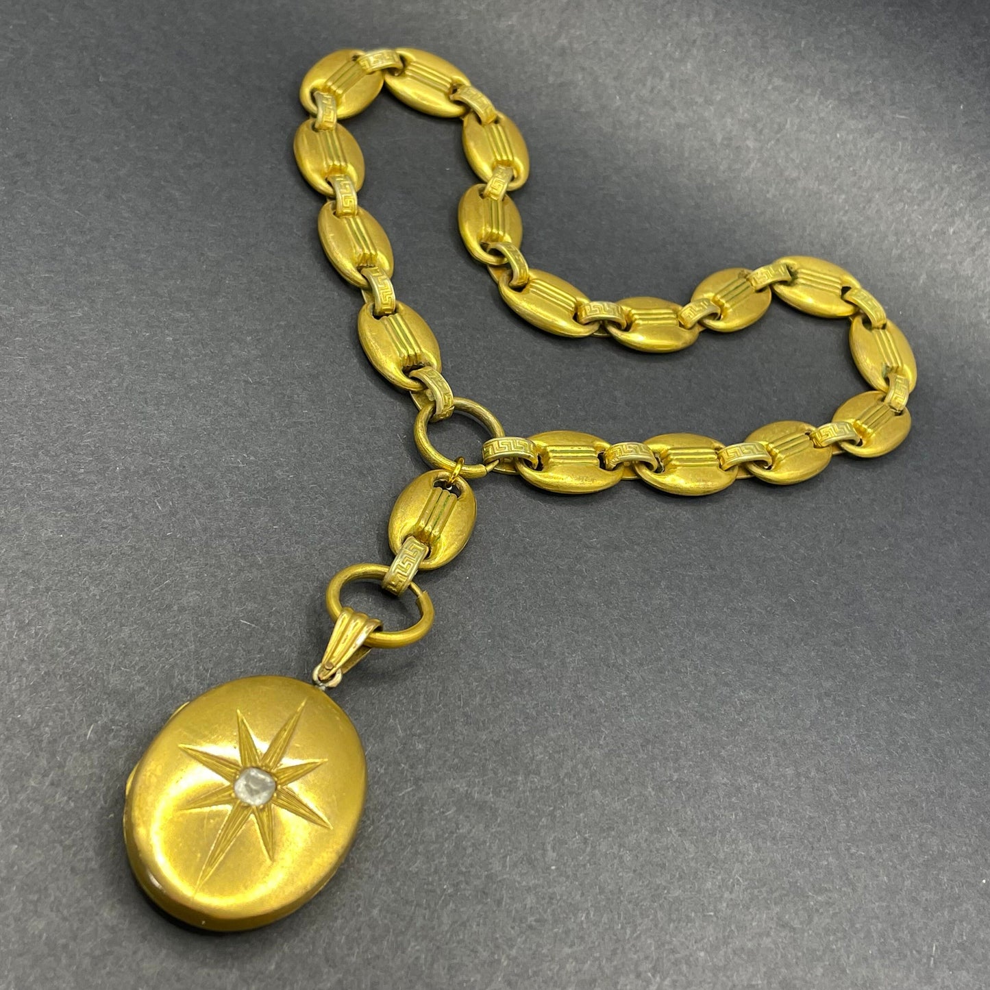 Antique Victorian gold plated or rolled gold heavy bookchain necklace with large oval locket, gypsy set with beautiful clear paste stone