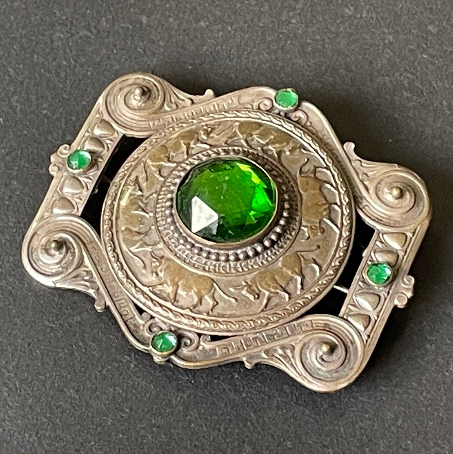 Huge vintage Apis sacred bull design brooch sash pin Art Nouveau to Art Deco Egyptian revival, emerald green rose cut rhinestones