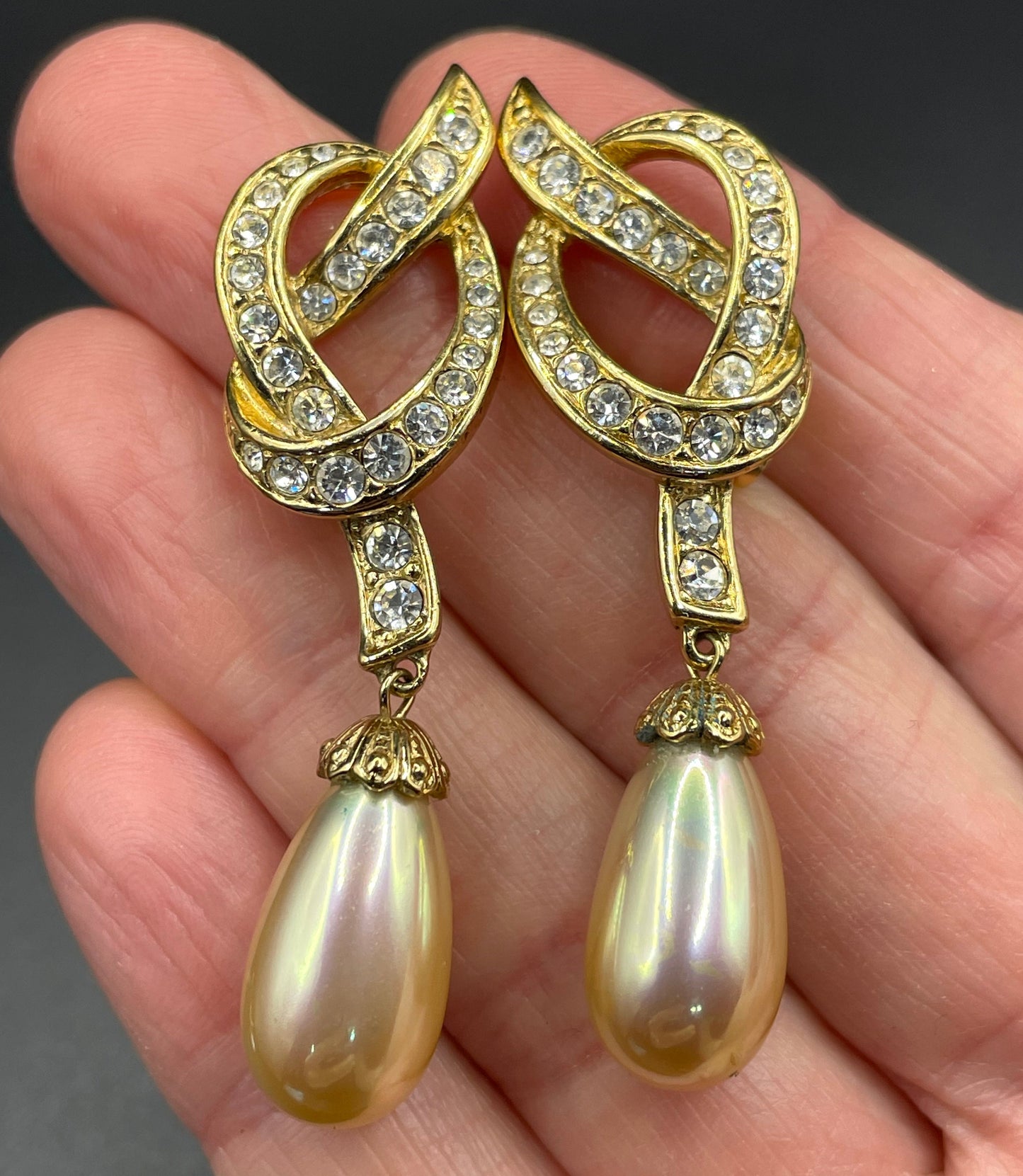 Vintage Attwood and Sawyer (A&S) signed faux pearl drop, rhinestone and 22ct gold plated necklace and earrings set, earrings for pierced ears