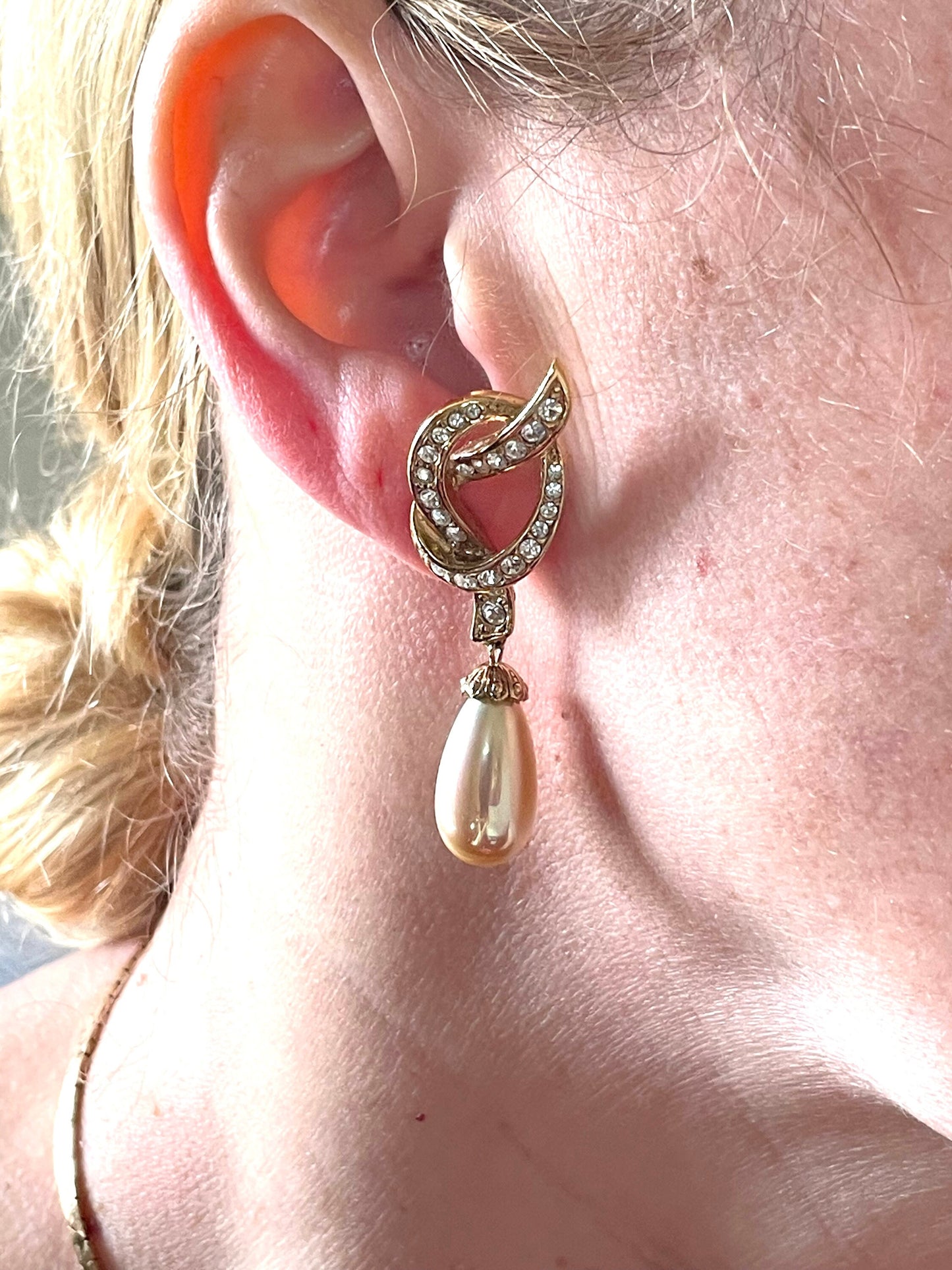 Vintage Attwood and Sawyer (A&S) signed faux pearl drop, rhinestone and 22ct gold plated necklace and earrings set, earrings for pierced ears