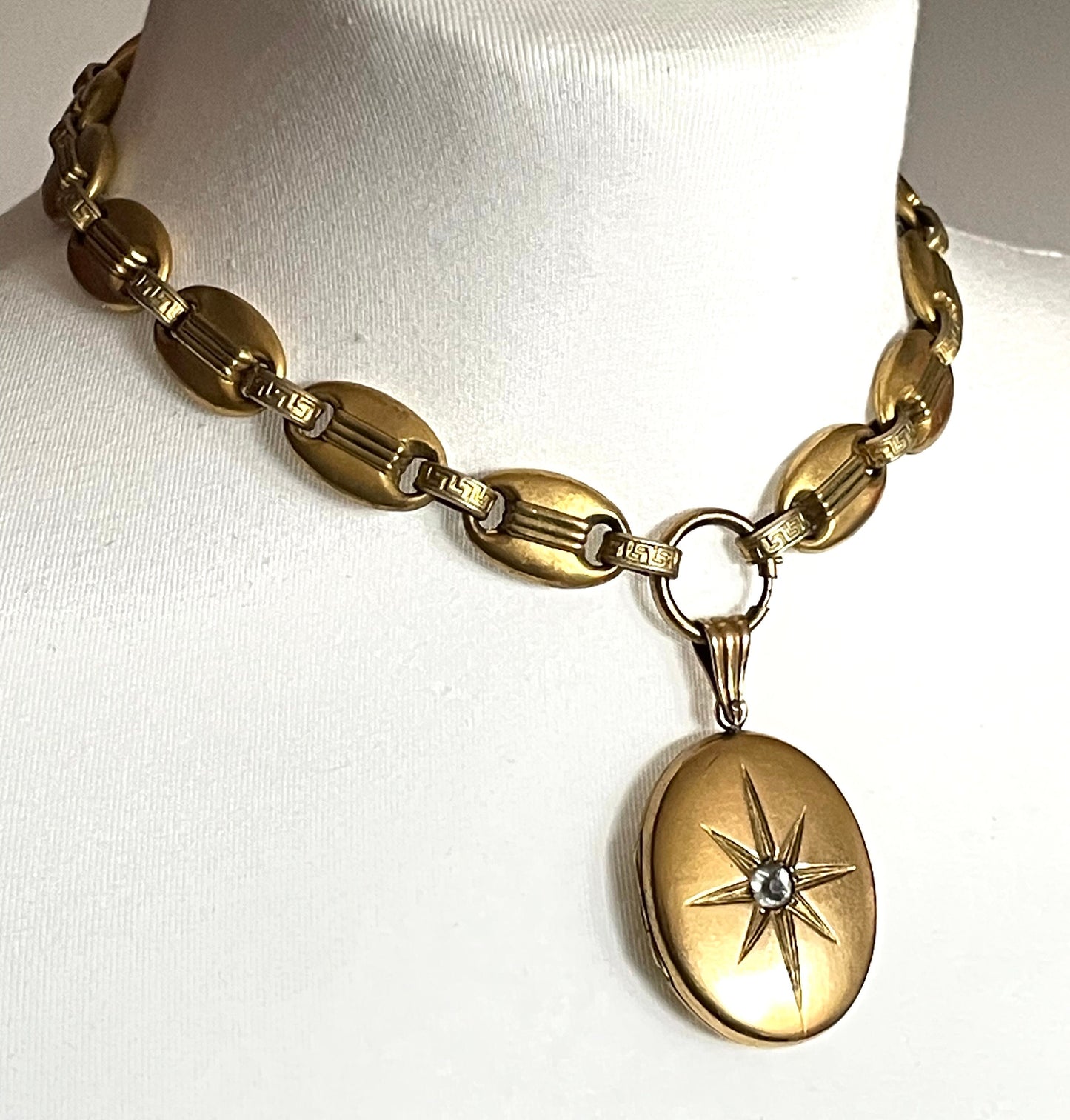 Antique Victorian gold plated or rolled gold heavy bookchain necklace with large oval locket, gypsy set with beautiful clear paste stone