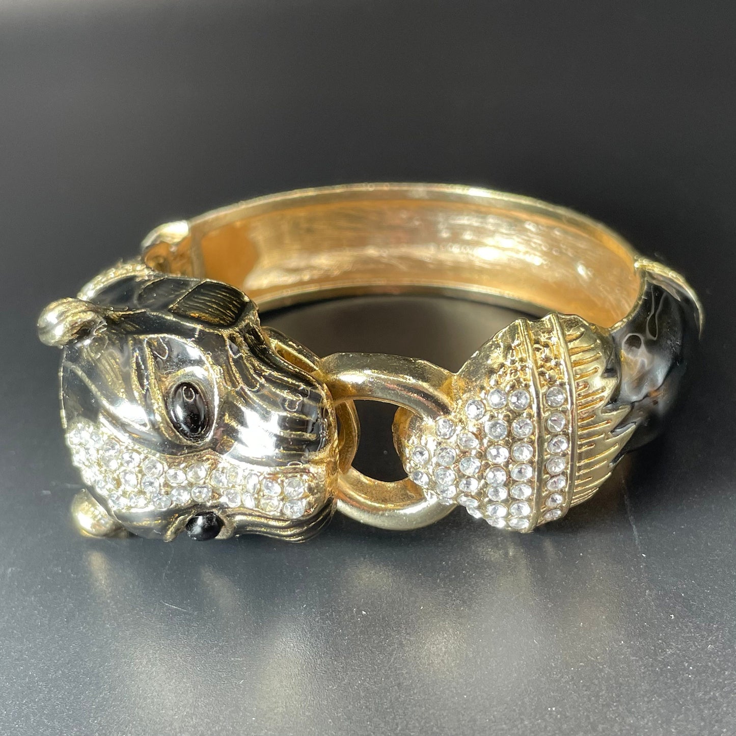 Large vintage leopard / panther bangle, gold tone, black enamel, rhinestones, very like Ciner foo dog or Kenneth Jay Lane bangles