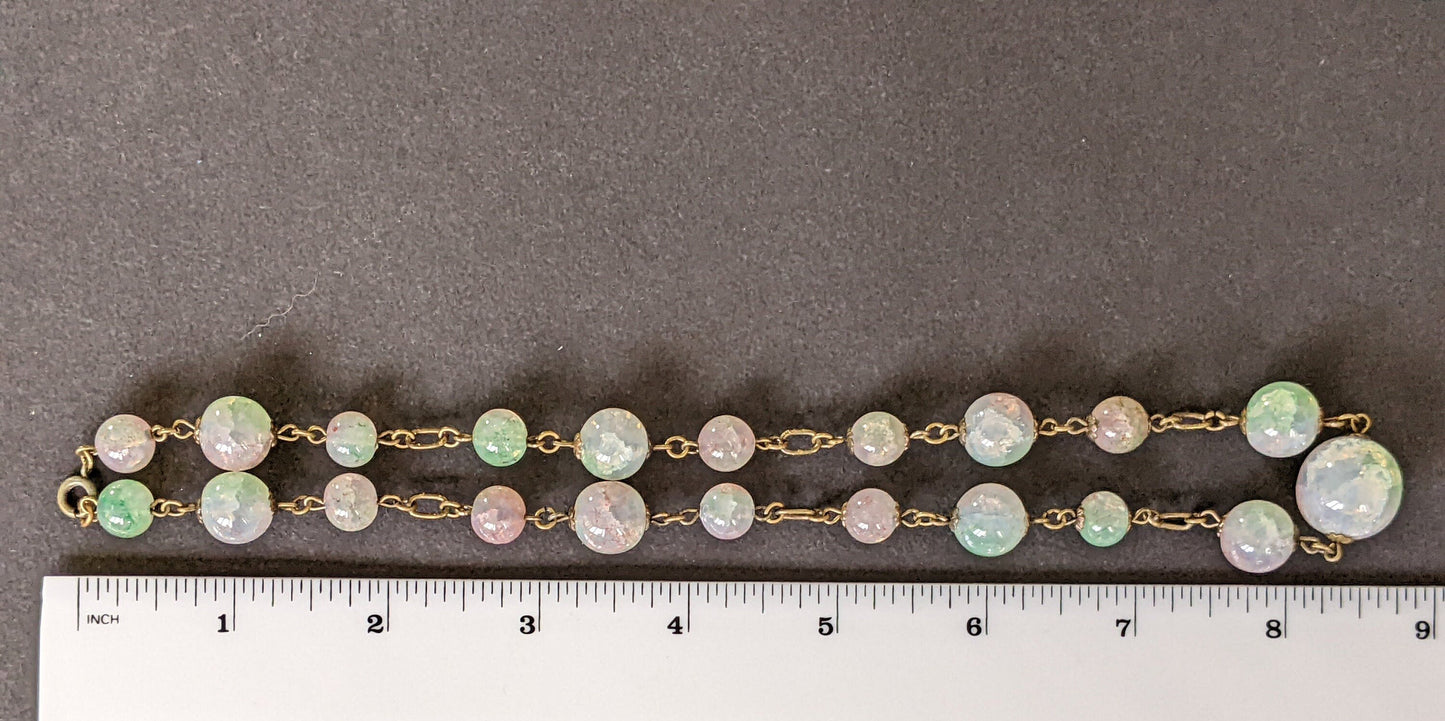 Vintage Art Deco pastel pink and green crackle glass beaded necklace on rolled gold wire, beautiful colours