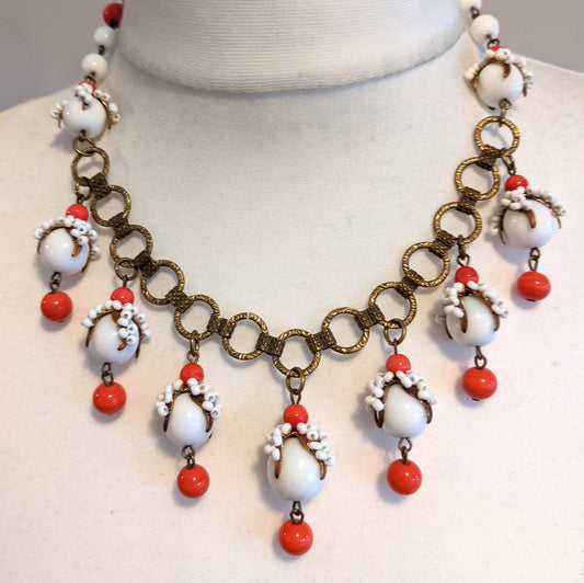 Vintage early Miriam Haskell milk & coral glass beaded fringe necklace with intricately beaded organic bead caps and bookchain - in box