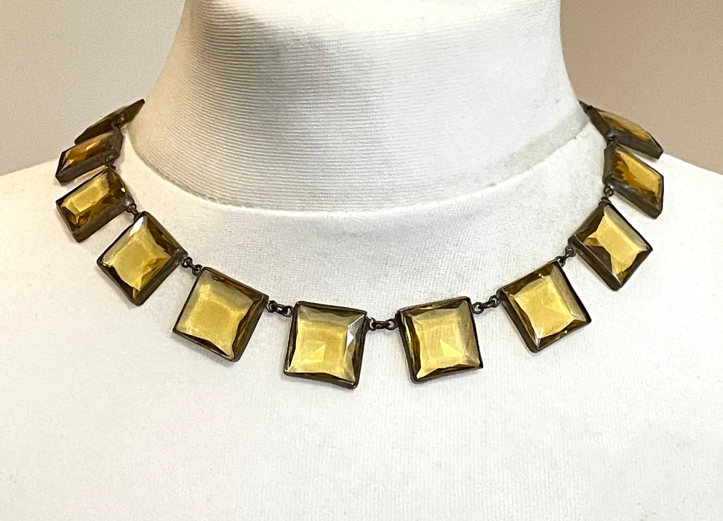 Antique late 19th century citrine yellow / orange crystal glass riviere necklace, huge bezel set open backed princess cut square rhinestones