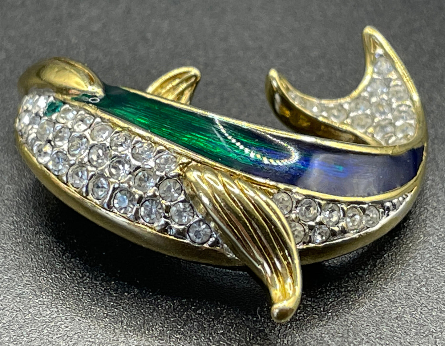 Vintage Attwood and Sawyer signed A&S 22ct gold plated, rhinestone and blue / green enamel dolphin brooch - adorable
