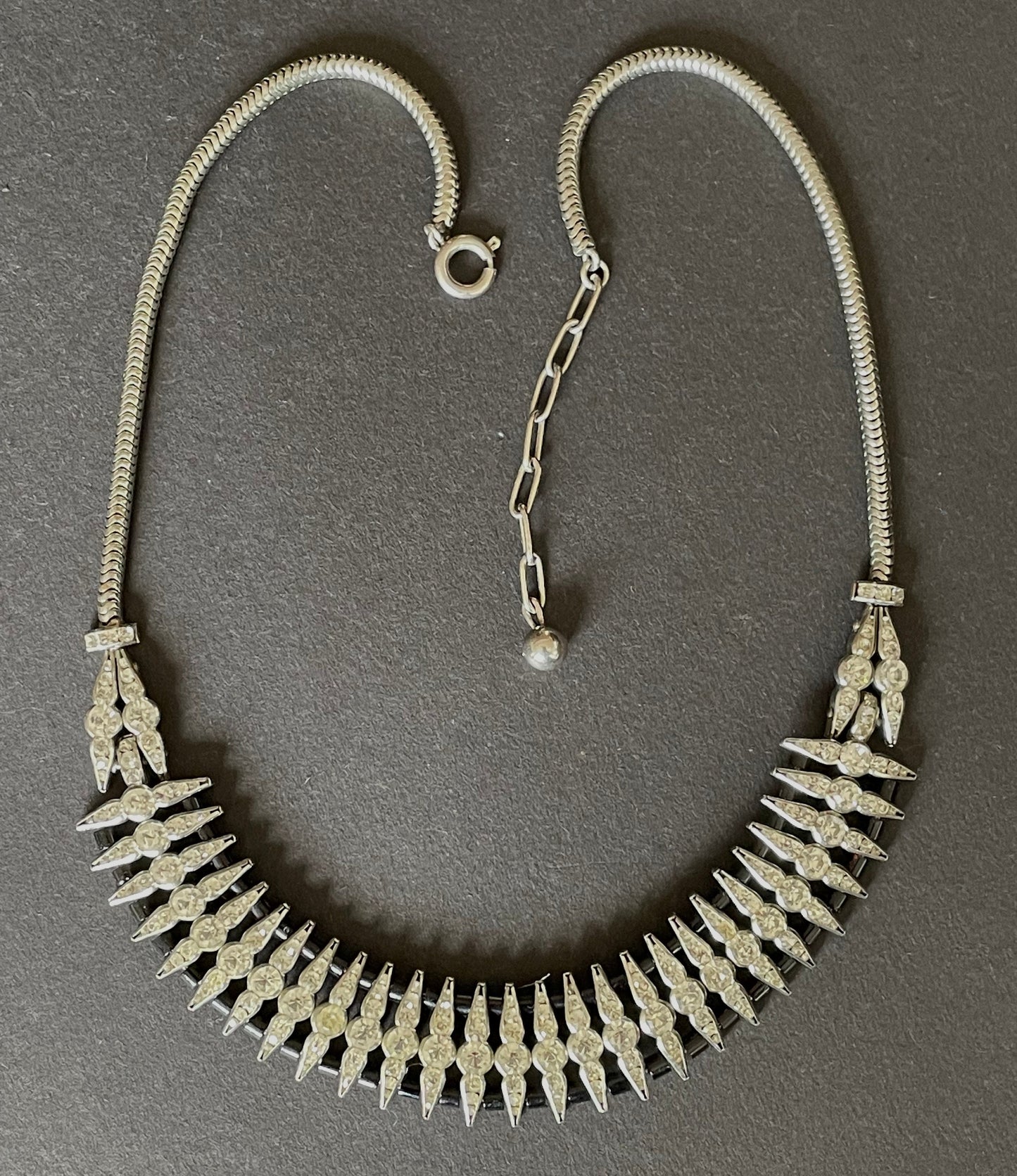 Vintage unsigned Esha Randel / Schreiber & Hiller DRGM Art Deco chrome, paste rhinestone and black galalith geometric machine age necklace