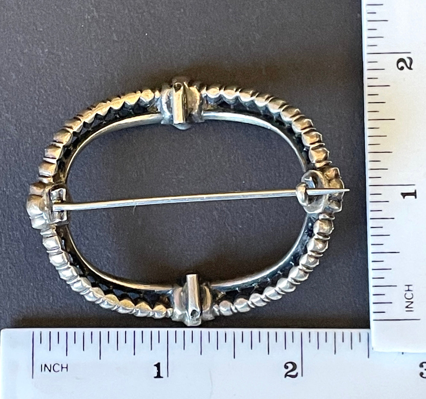 Large antique Georgian sterling silver, black dot clear paste rhinestone huge buckle brooch pin