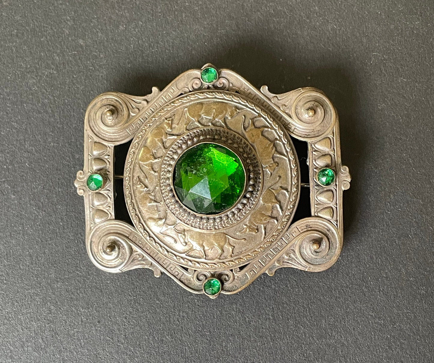 Huge vintage Apis sacred bull design brooch sash pin Art Nouveau to Art Deco Egyptian revival, emerald green rose cut rhinestones