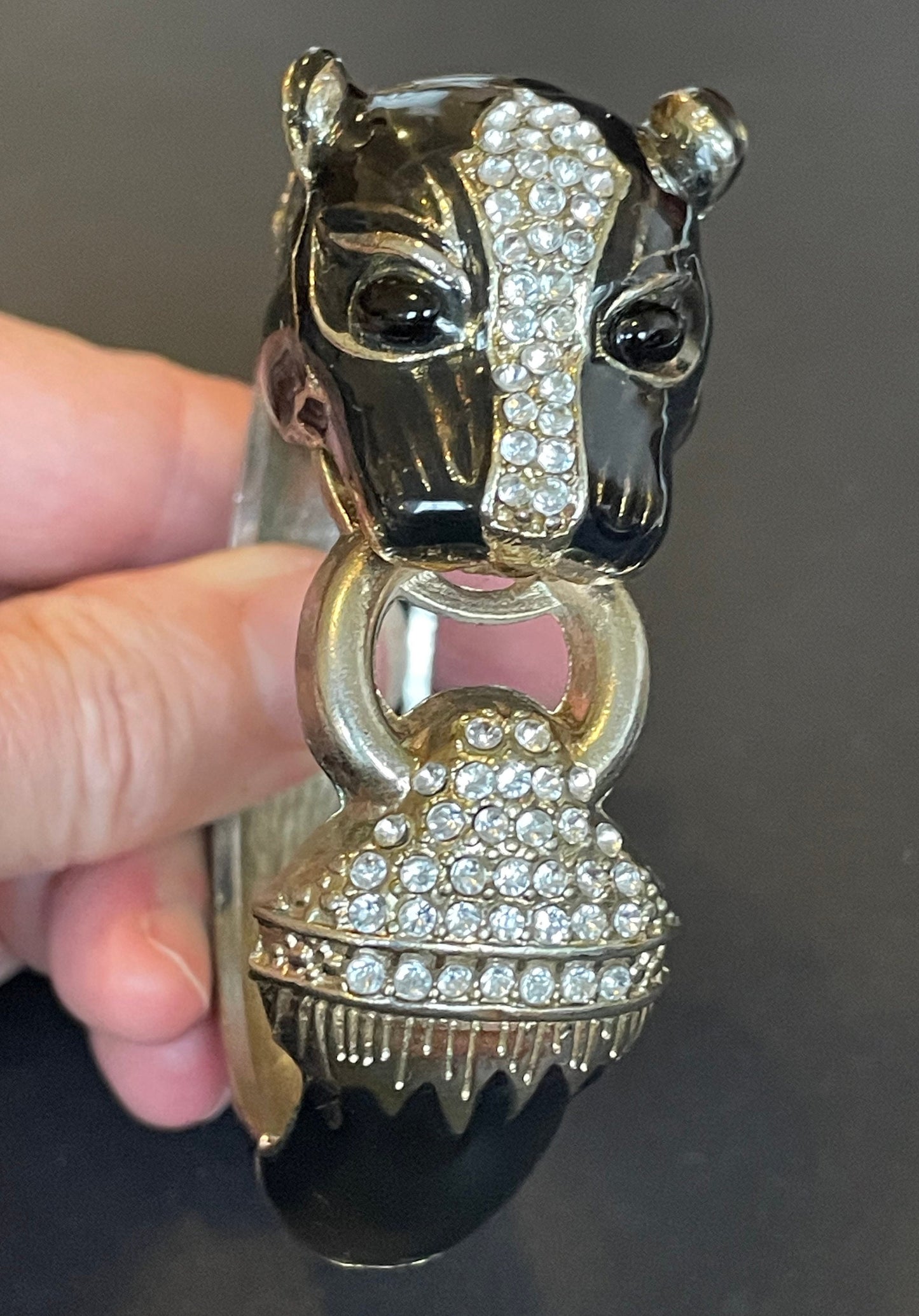 Large vintage leopard / panther bangle, gold tone, black enamel, rhinestones, very like Ciner foo dog or Kenneth Jay Lane bangles
