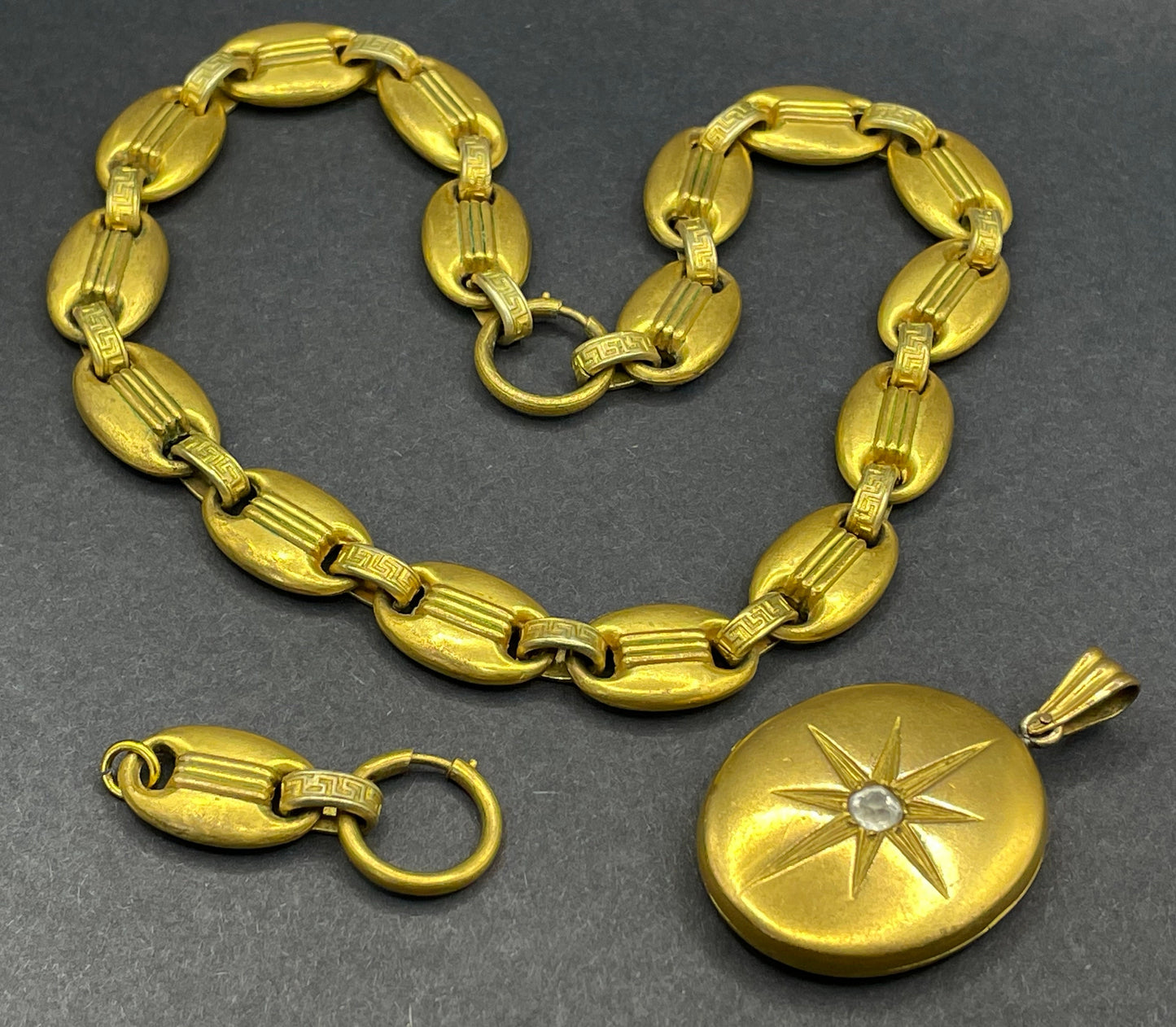 Antique Victorian gold plated or rolled gold heavy bookchain necklace with large oval locket, gypsy set with beautiful clear paste stone