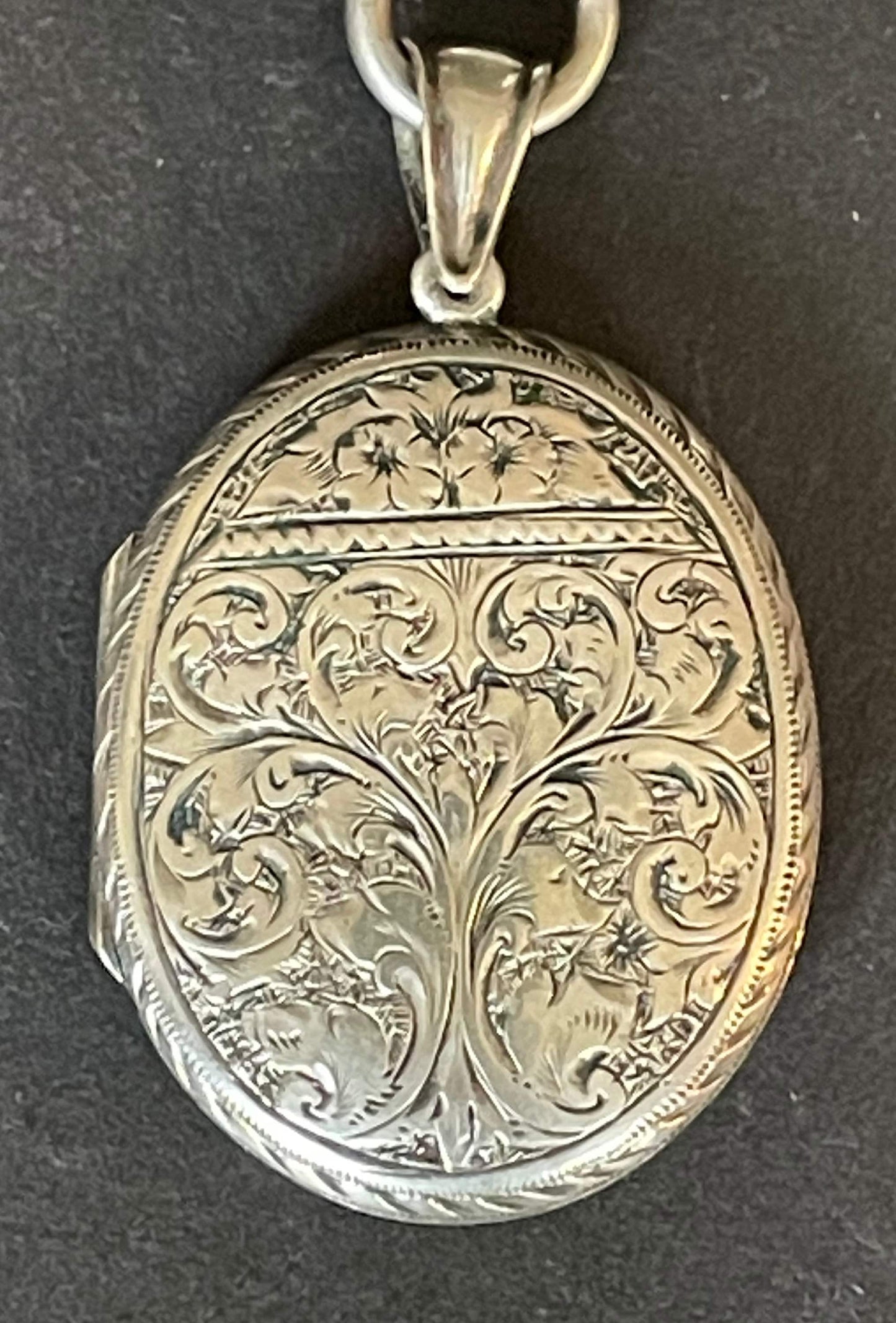 Antique Victorian sterling silver (tested) heavy bookchain necklace with large oval locket, beautiful engraving