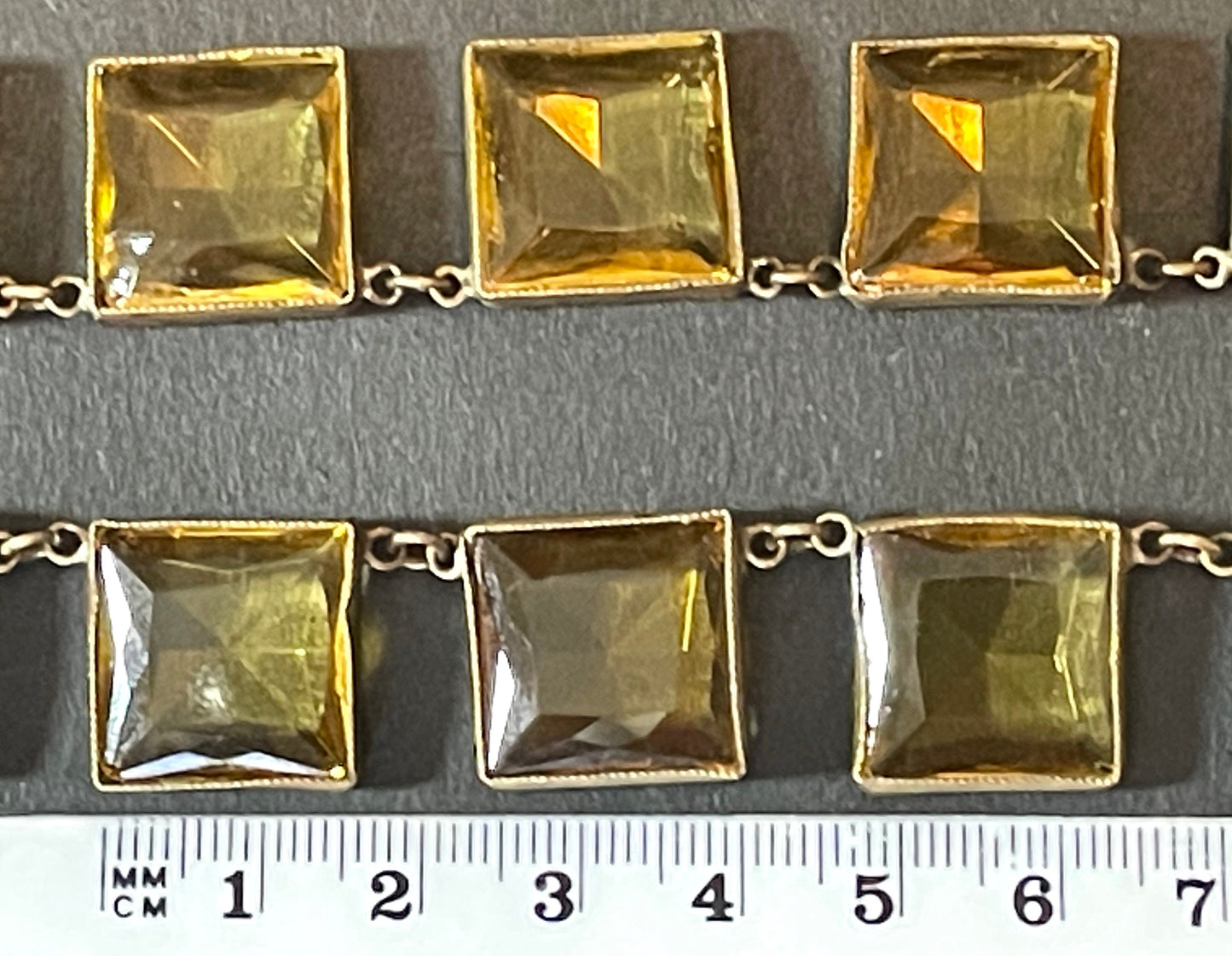 Antique late 19th century citrine yellow / orange crystal glass riviere necklace, huge bezel set open backed princess cut square rhinestones