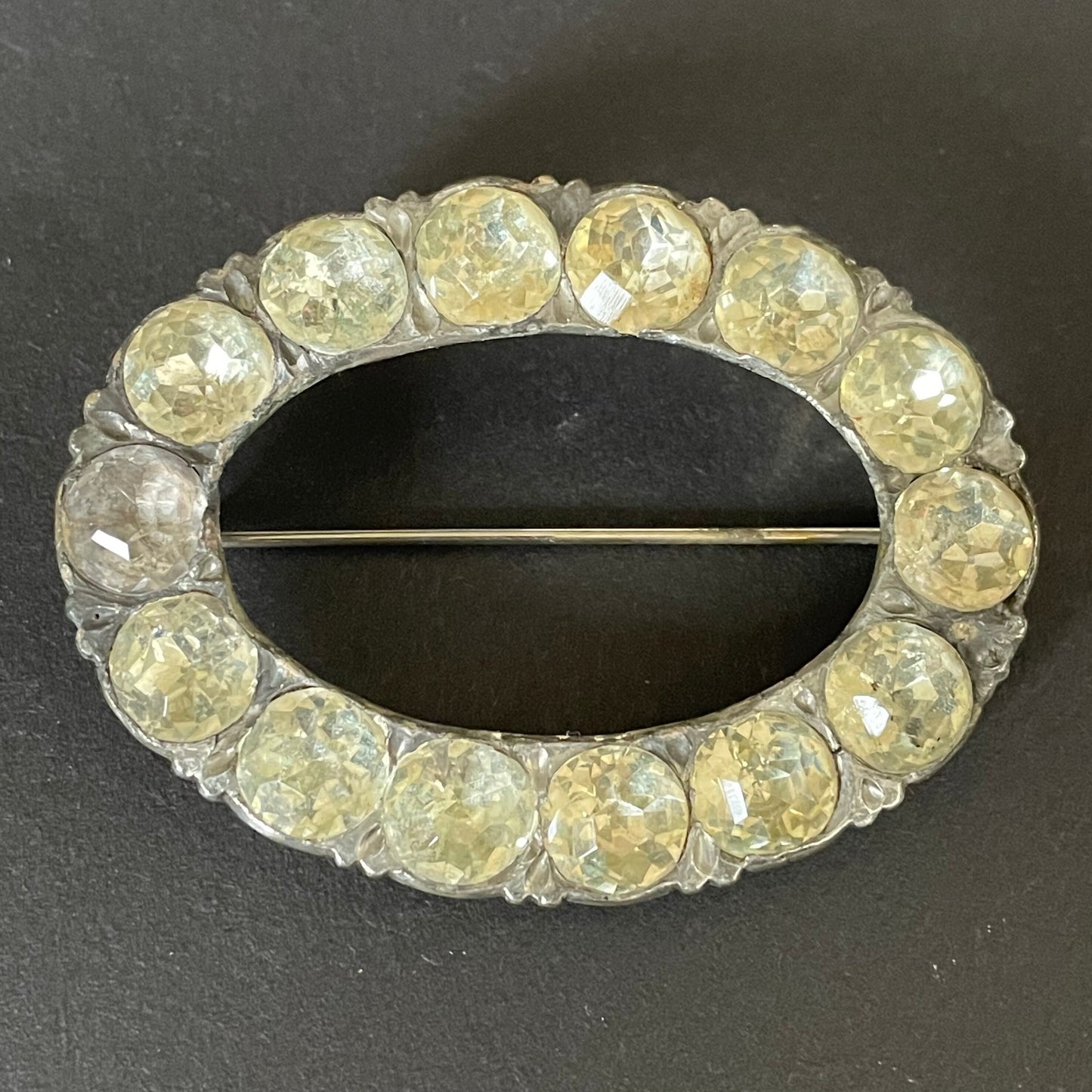 Large, heavy antique Georgian sterling silver, black dot clear paste rhinestone huge buckle brooch pin