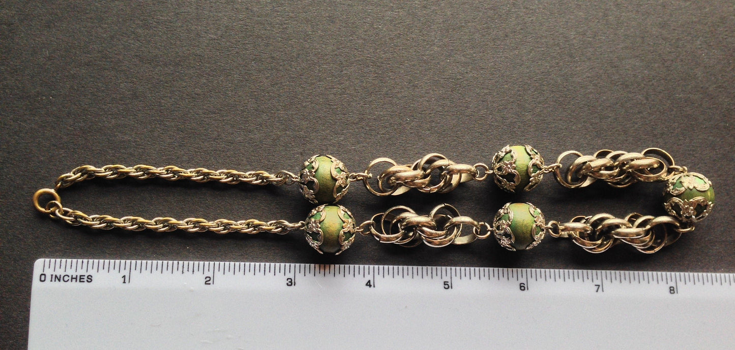 Vintage Art Deco machine age, chunky silver tone and green wood bead necklace - attributed to Jakob Bengel
