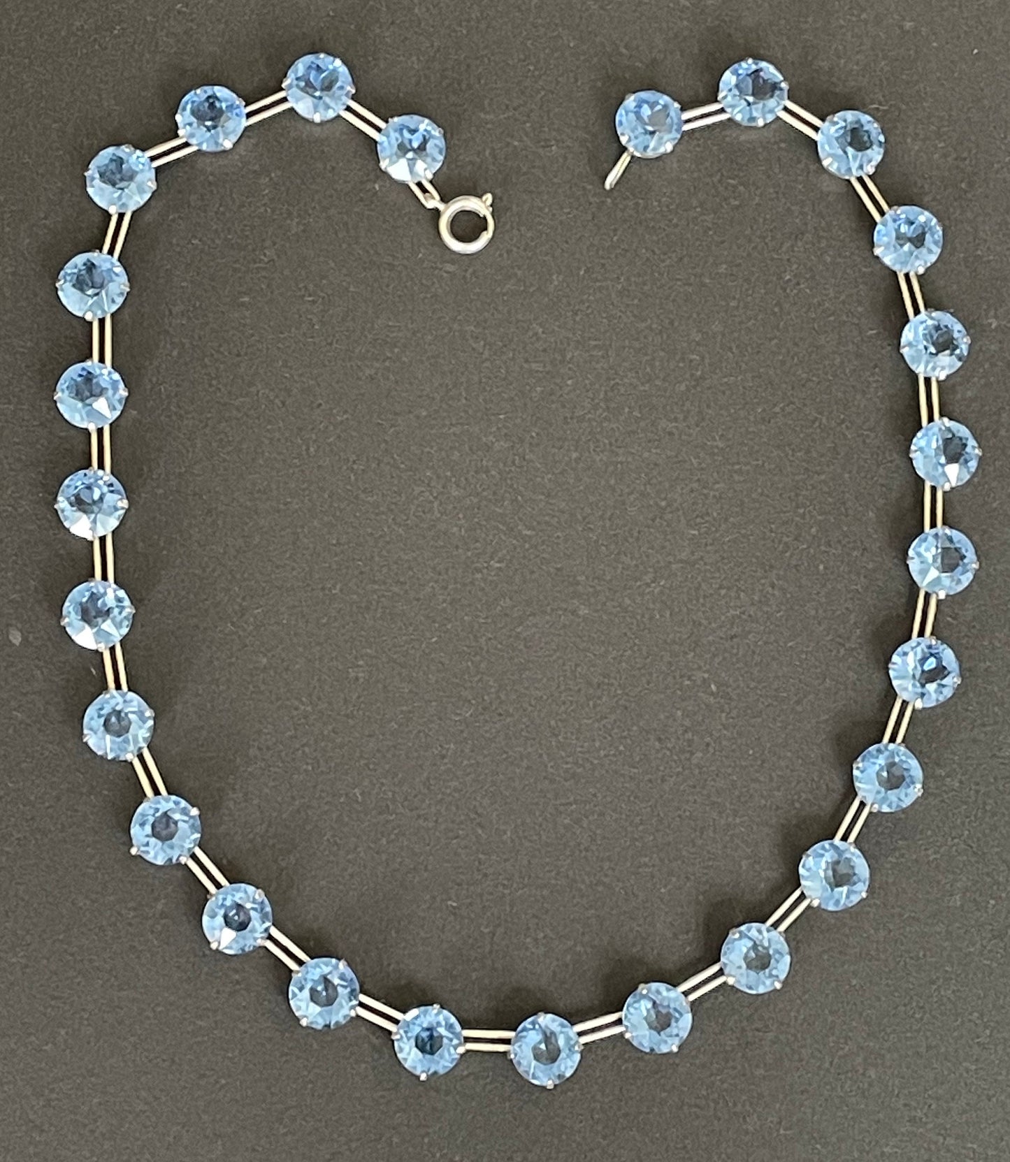 Vintage sterling silver Art Deco sapphire blue chaton cut crystal rhinestone riviere necklace bezel set, open backed, by W H Collins