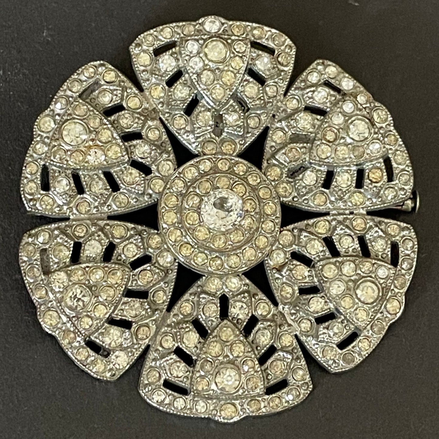 Huge vintage Art Deco paste flower brooch, with ice clear rhinestones and trombone clasp possibly French, large size