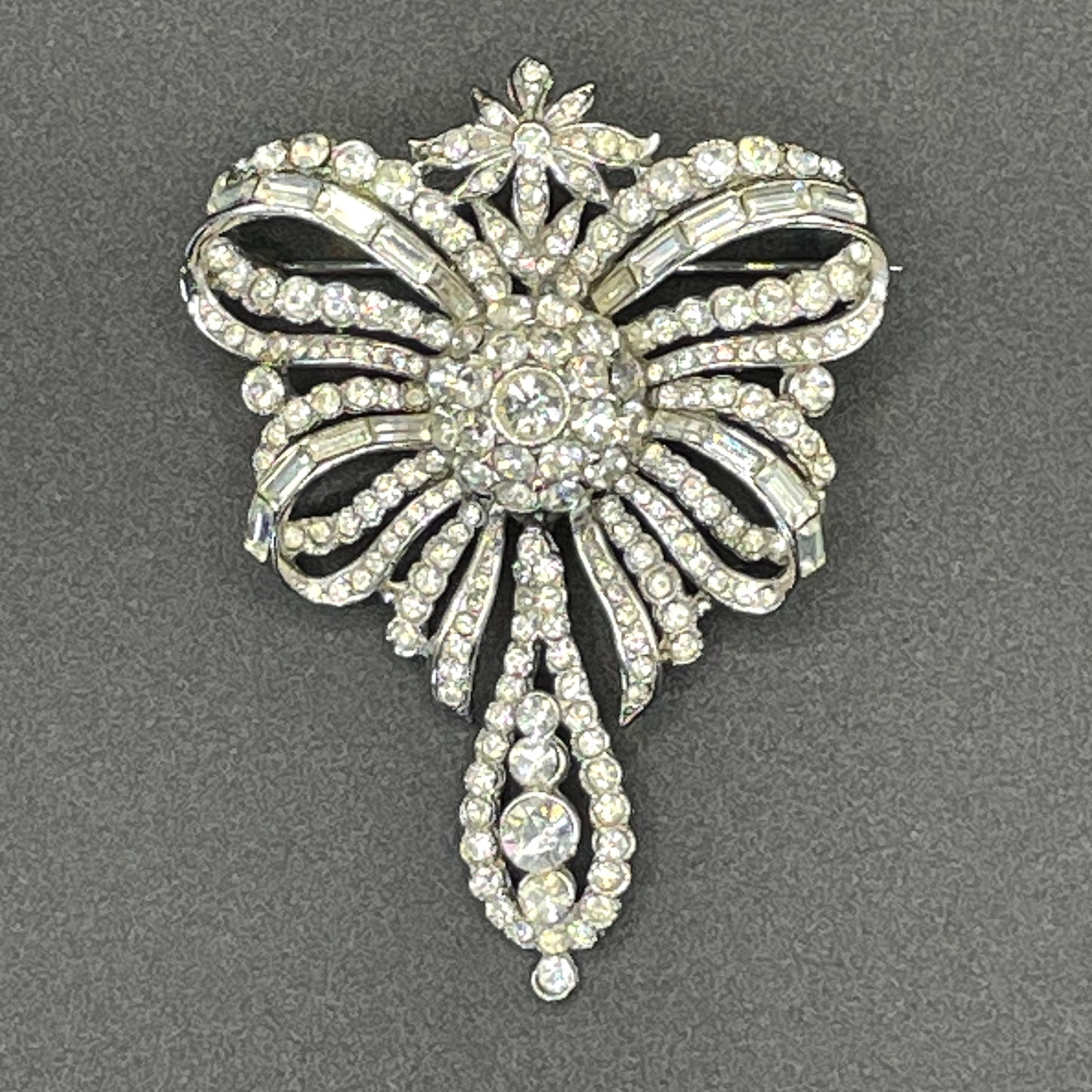 Vintage unsigned Attwood and Sawyer ( A&S ) large clear rhinestone and silver tone baroque style brooch