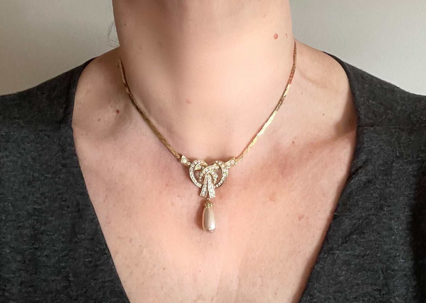 Vintage Attwood and Sawyer (A&S) signed faux pearl drop, rhinestone and 22ct gold plated necklace and earrings set, earrings for pierced ears