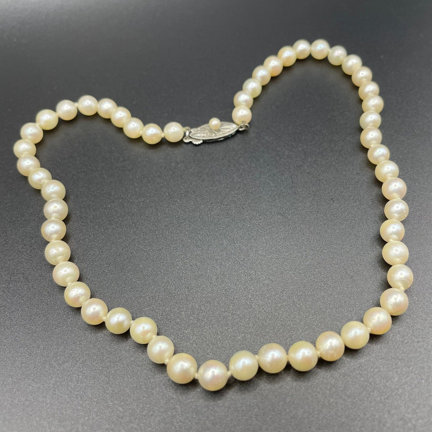 Antique real cultured pearl choker necklace, large equal sized pearls, hand-knotted, pretty sterling silver clasp, classic chic