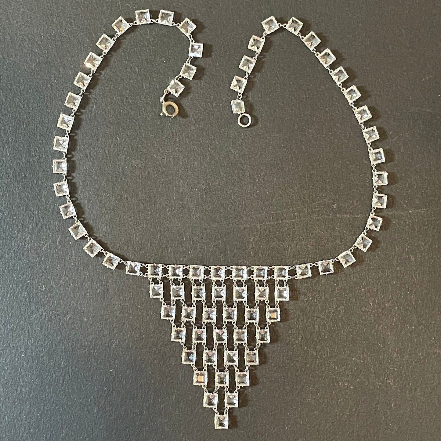 Vintage Art Deco crystal geometric riviere necklace, bezel set, open backed, princess cut (square) paste stones