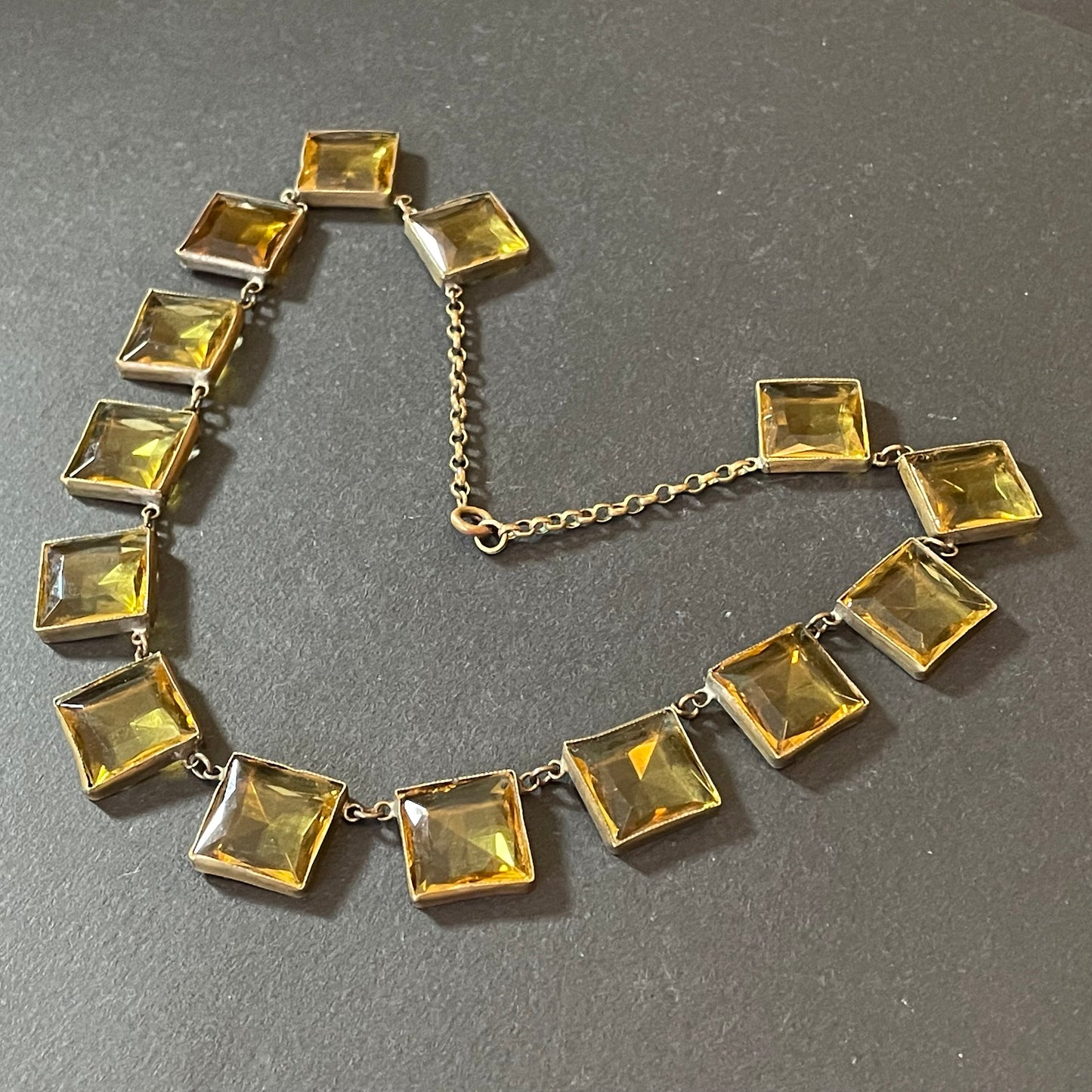 Antique late 19th century citrine yellow / orange crystal glass riviere necklace, huge bezel set open backed princess cut square rhinestones