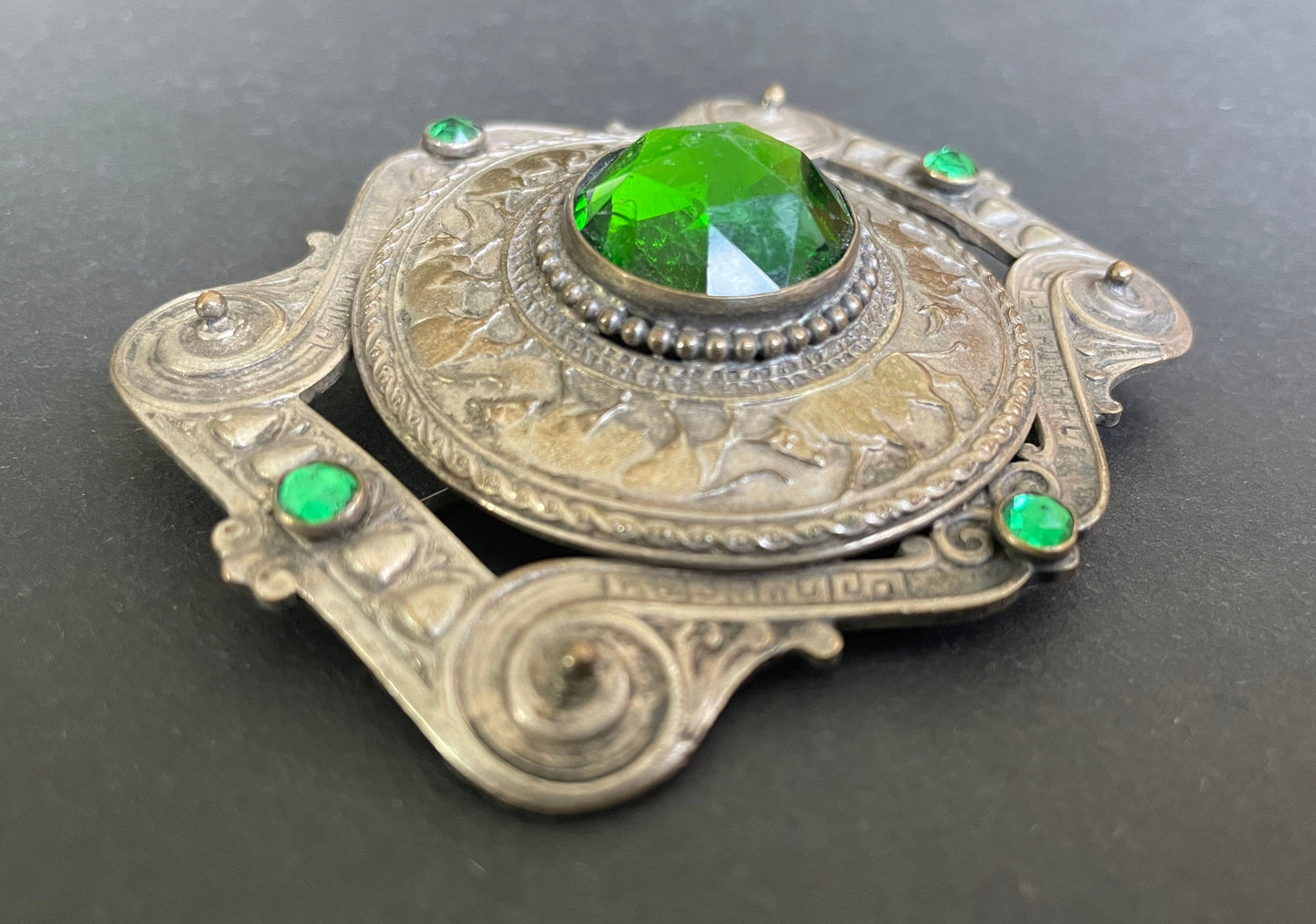 Huge vintage Apis sacred bull design brooch sash pin Art Nouveau to Art Deco Egyptian revival, emerald green rose cut rhinestones