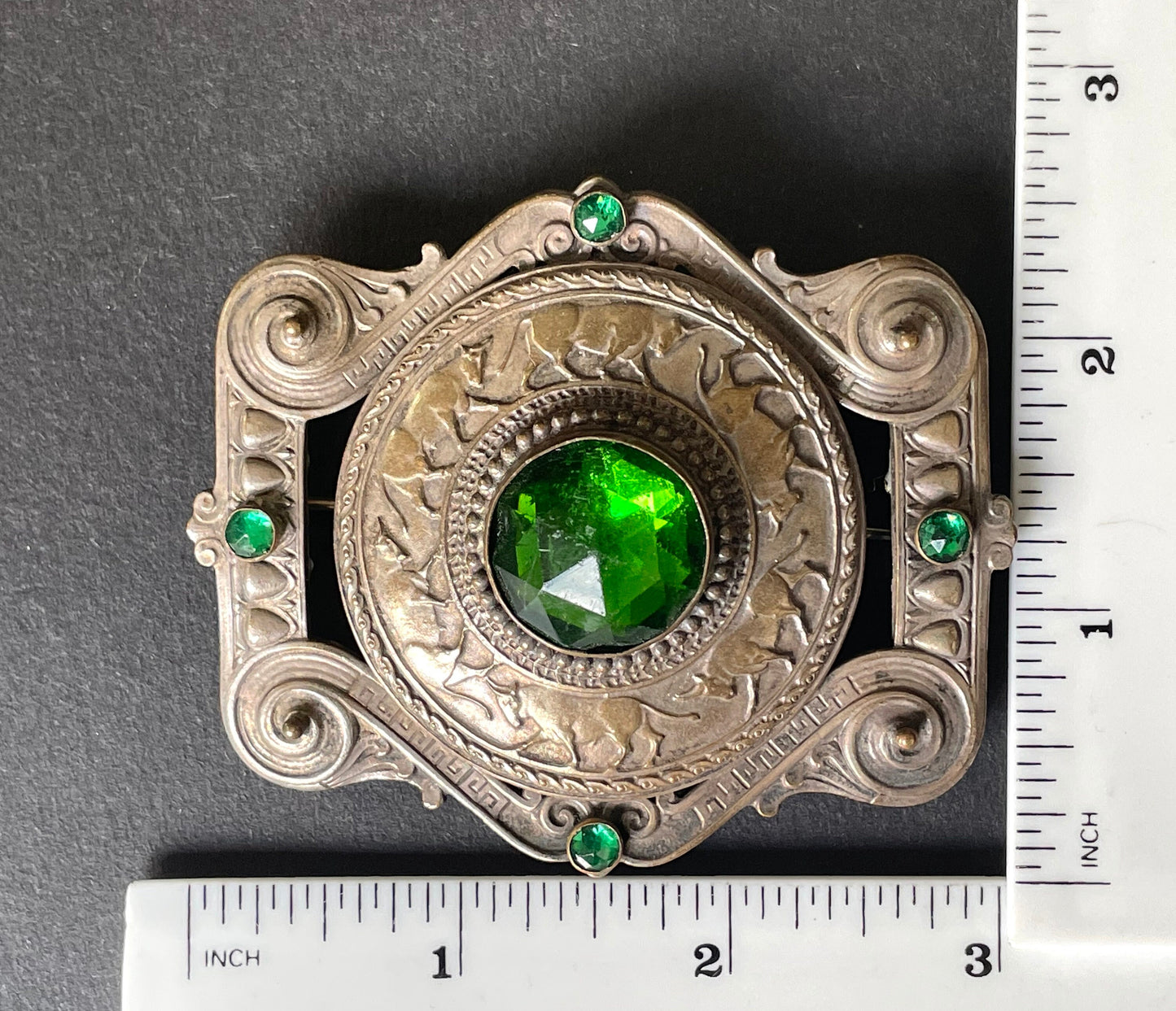 Huge vintage Apis sacred bull design brooch sash pin Art Nouveau to Art Deco Egyptian revival, emerald green rose cut rhinestones