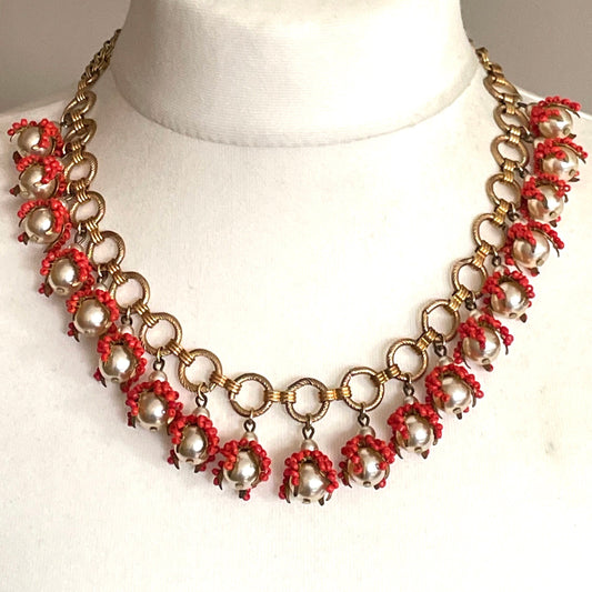 Vintage early Miriam Haskell glass faux pearl & coral glass heavy fringe necklace, intricately beaded organic bead caps and bookchain