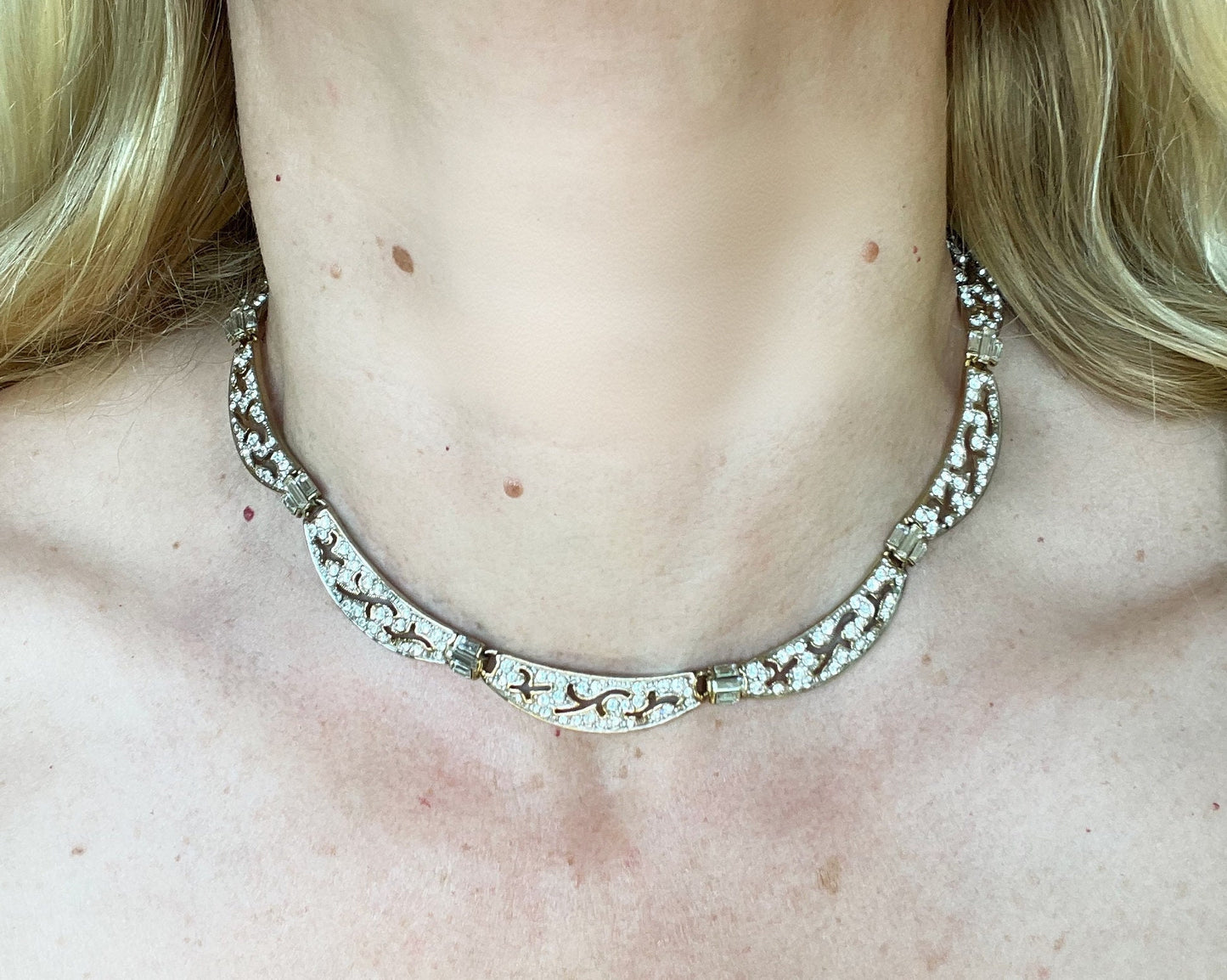 Vintage Attwood and Sawyer ( A&S ) signed antique style, ornate 22ct gold plated necklace, encrusted with clear rhinestones and cut-out design