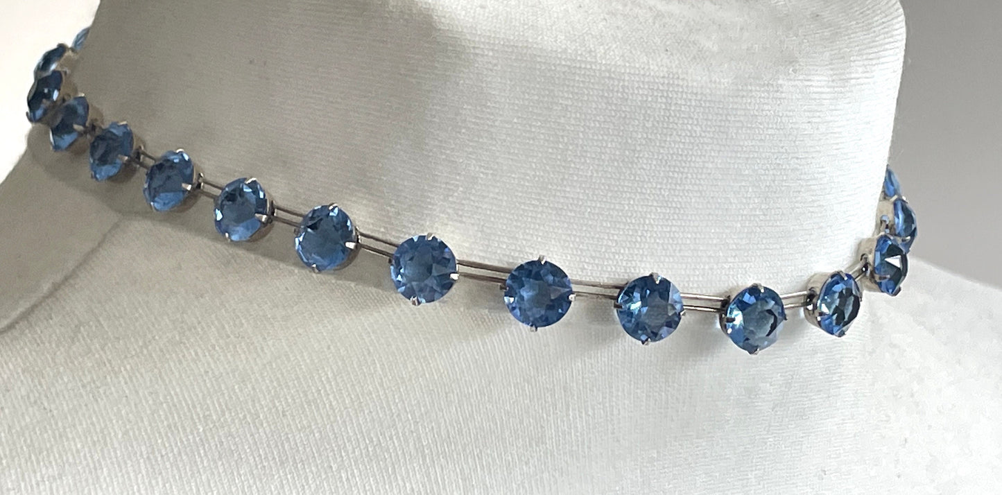 Vintage sterling silver Art Deco sapphire blue chaton cut crystal rhinestone riviere necklace bezel set, open backed, by W H Collins