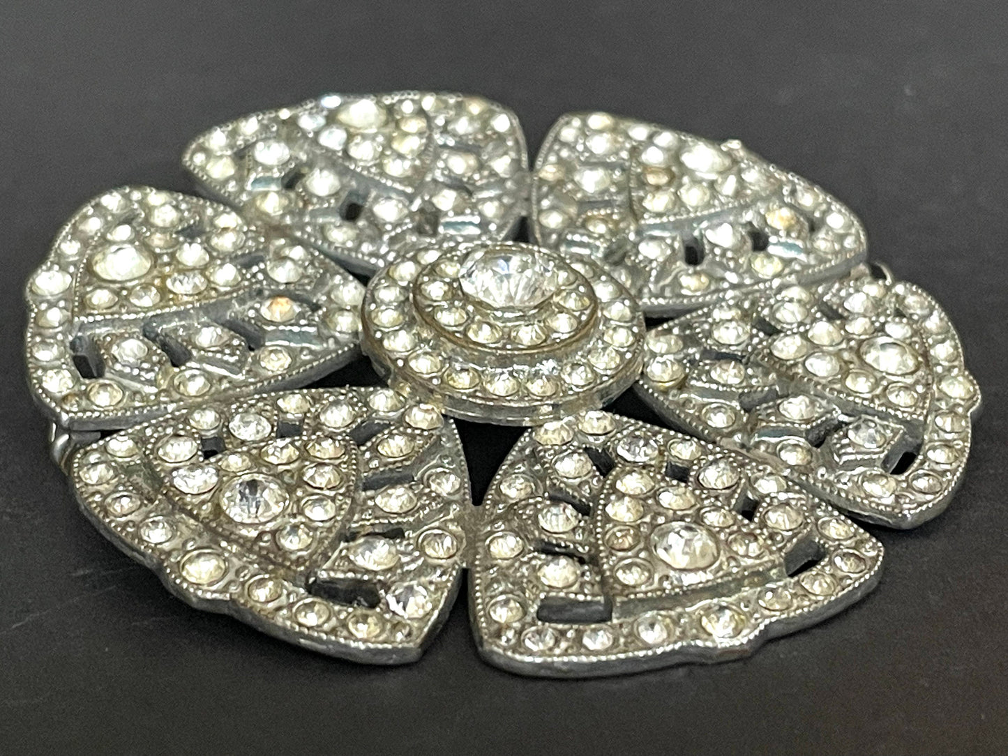 Huge vintage Art Deco paste flower brooch, with ice clear rhinestones and trombone clasp possibly French, large size
