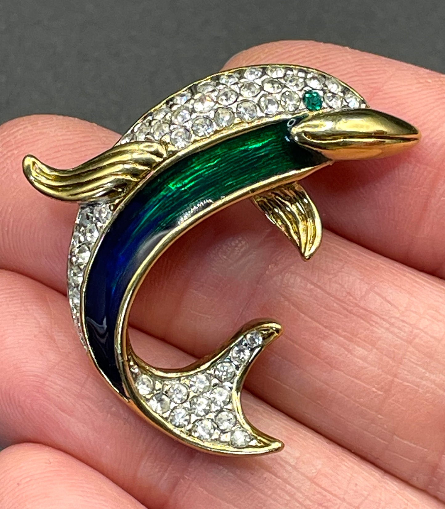 Vintage Attwood and Sawyer signed A&S 22ct gold plated, rhinestone and blue / green enamel dolphin brooch - adorable