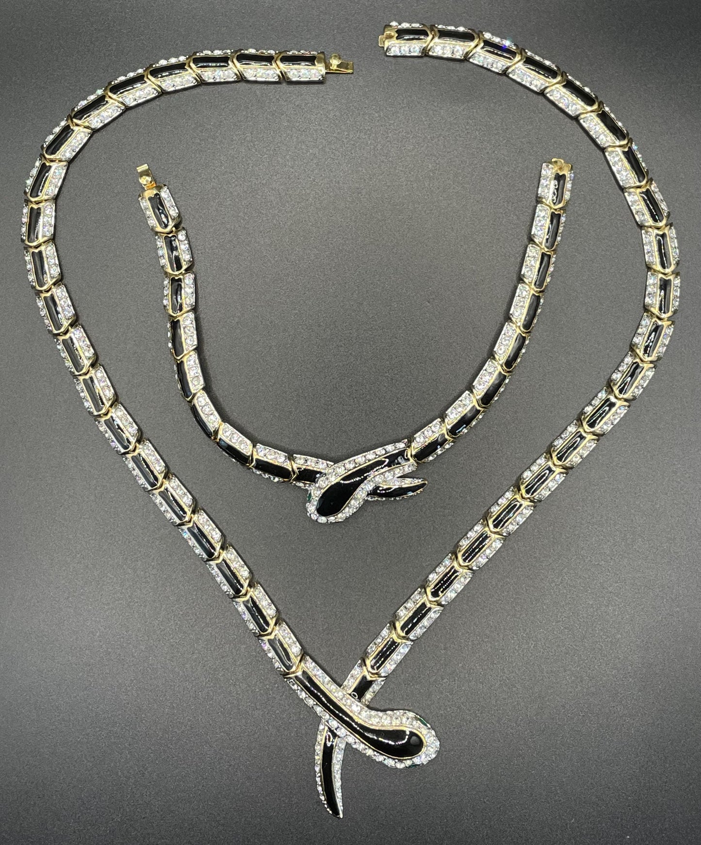 Vintage snake necklace and bracelet set, 22ct gold plated with clear rhinestone, black green enamel, unsigned Attwood and Sawyer A&S, fabulous quality 1980s style