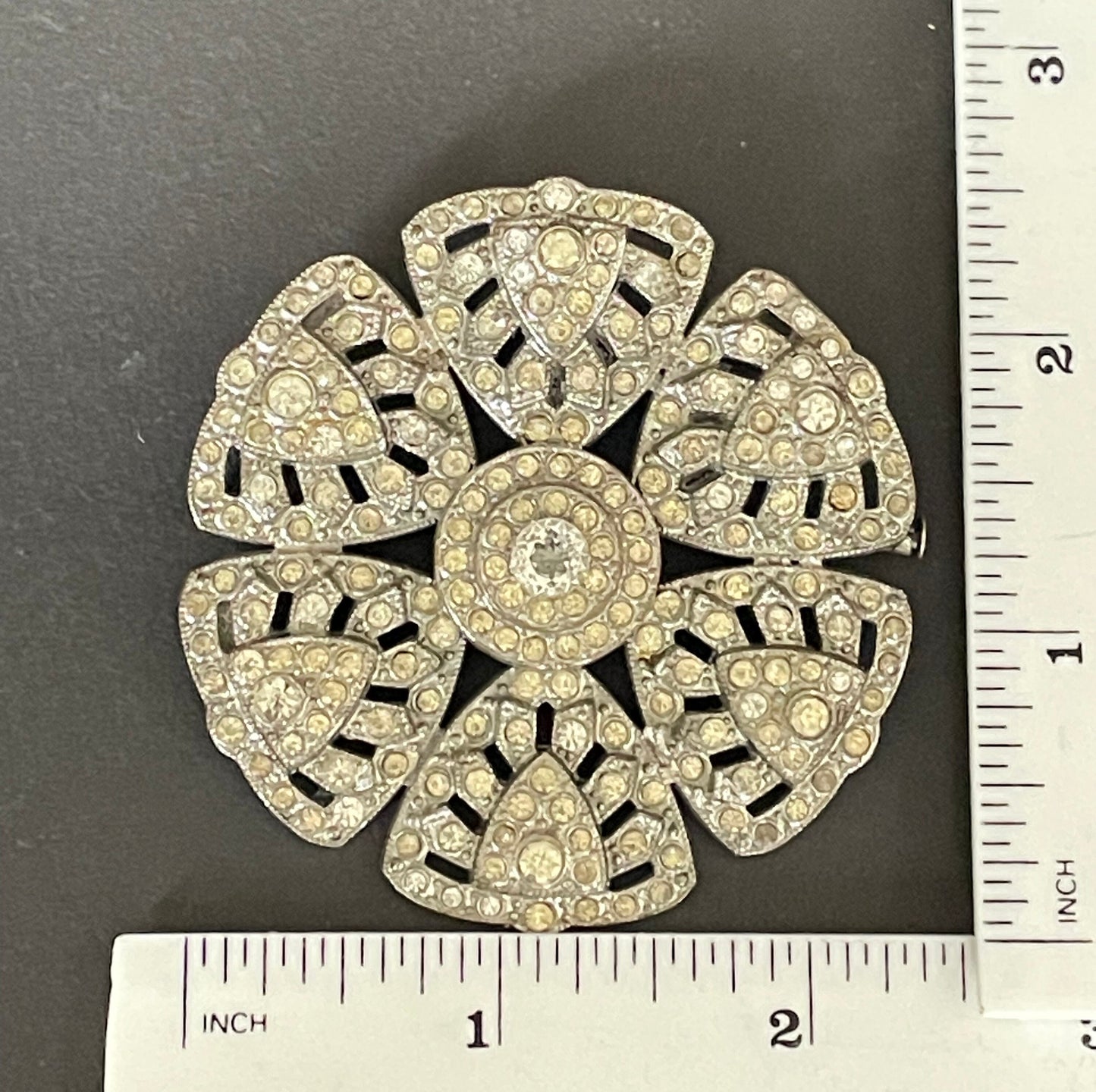 Huge vintage Art Deco paste flower brooch, with ice clear rhinestones and trombone clasp possibly French, large size