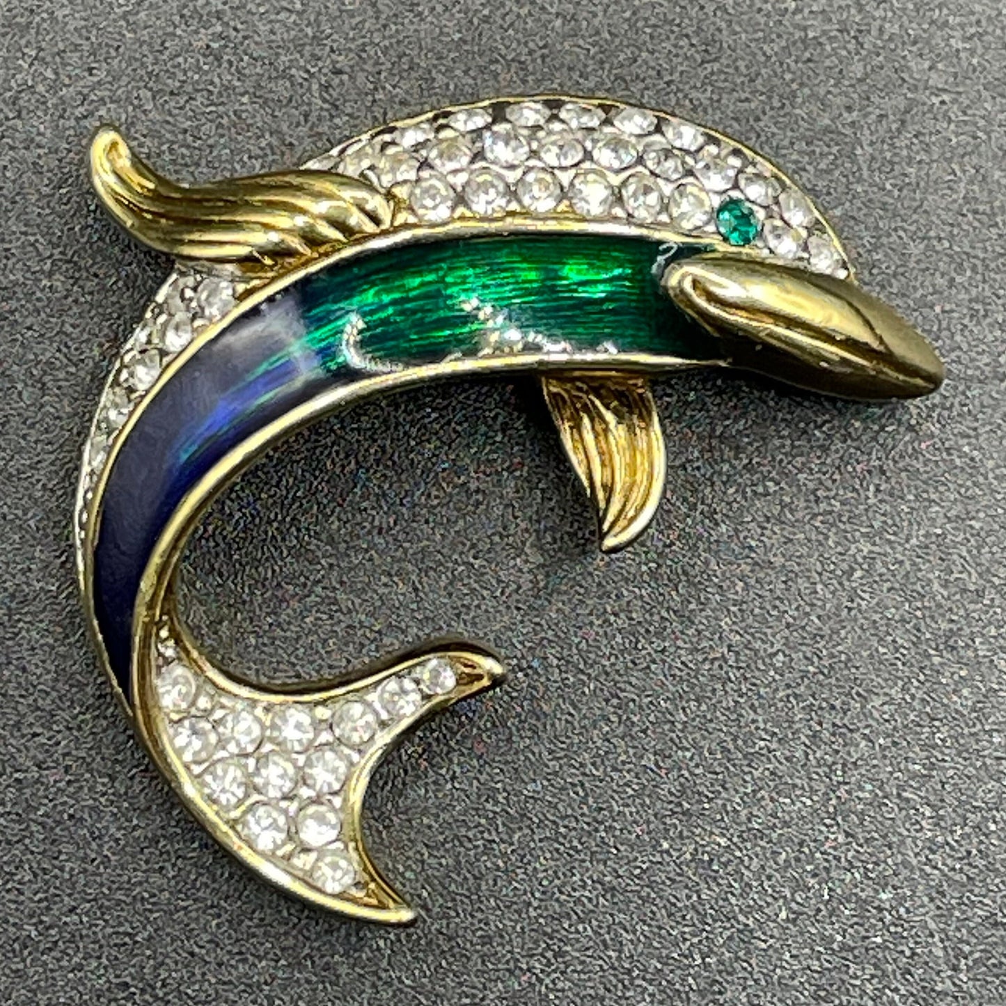 Vintage Attwood and Sawyer signed A&S 22ct gold plated, rhinestone and blue / green enamel dolphin brooch - adorable