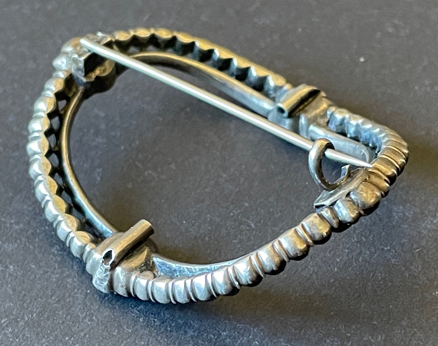 Large antique Georgian sterling silver, black dot clear paste rhinestone huge buckle brooch pin