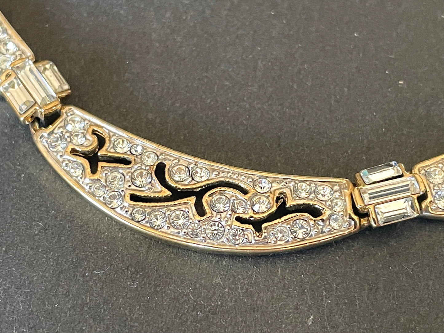 Vintage Attwood and Sawyer ( A&S ) signed antique style, ornate 22ct gold plated necklace, encrusted with clear rhinestones and cut-out design