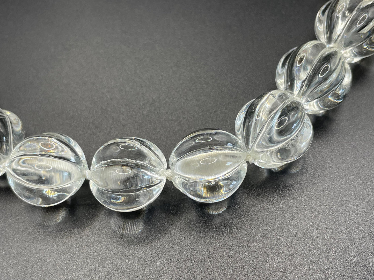 Vintage heavy Art Deco carved rock crystal or poured glass melon / pumpkin bead necklace, hand knotted, beautiful large beads