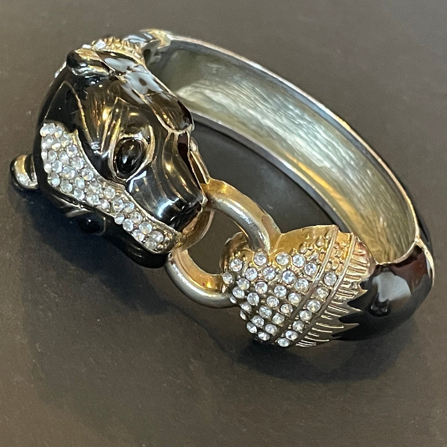 Large vintage leopard / panther bangle, gold tone, black enamel, rhinestones, very like Ciner foo dog or Kenneth Jay Lane bangles