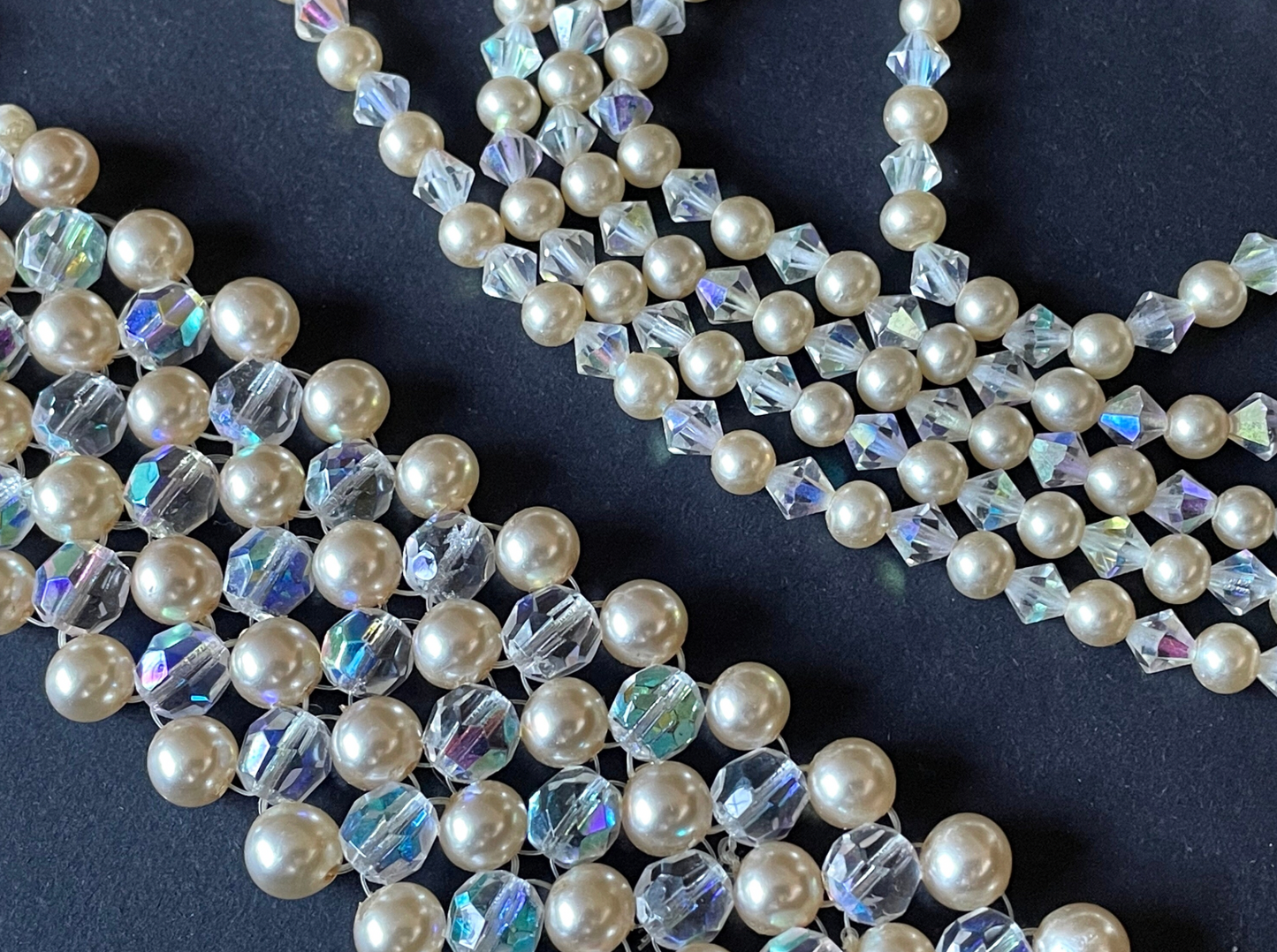 Vintage multi five strand glass faux pearl and crystal bead necklace and matching bracelet, each with large ornate rhinestone box clasp