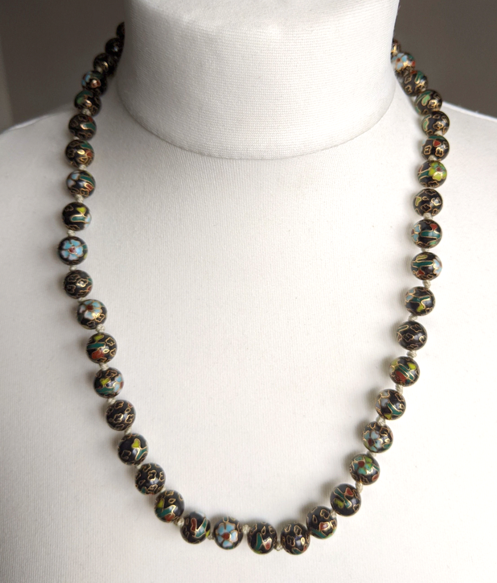 Vintage Chinese cloisonné Art Deco gold, black bead necklace with matching cloisonné hinged bangle with push-in clasp, demi-parure / set