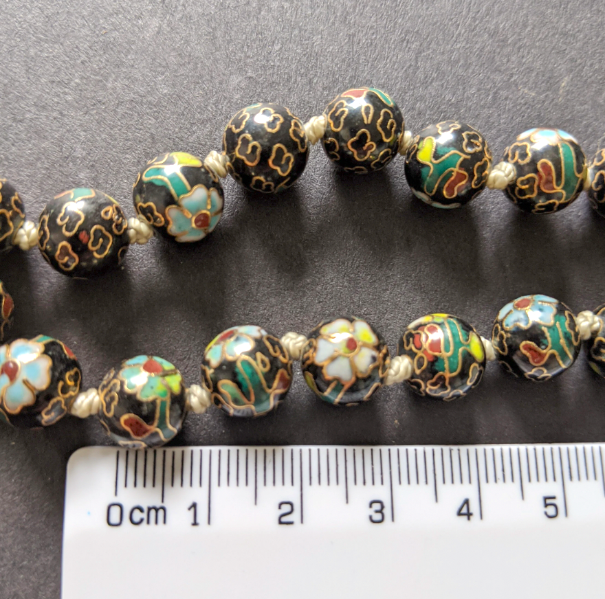 Vintage Chinese cloisonné Art Deco gold, black bead necklace with matching cloisonné hinged bangle with push-in clasp, demi-parure / set