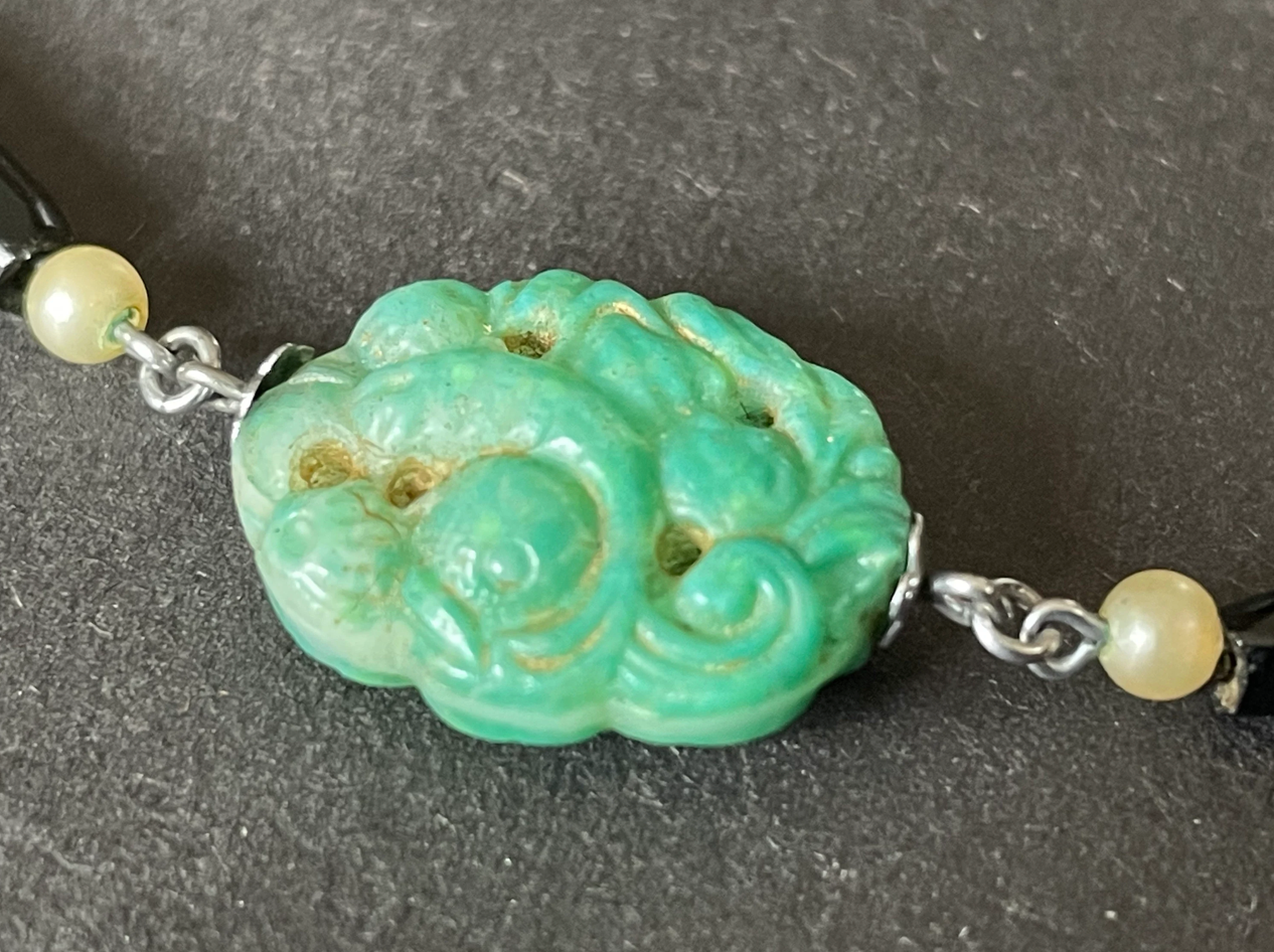 True vintage jade green moulded glass koi carp design bead and French jet black glass and faux pearl bead necklace